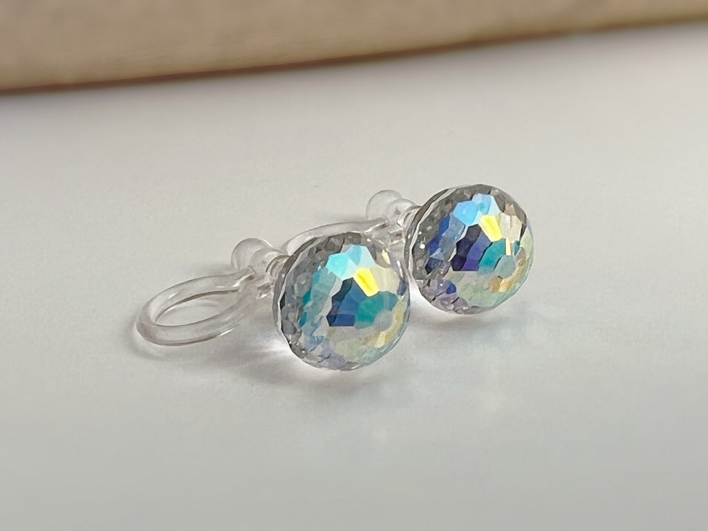 CLIPS earrings invisible Round Crystal faceted PureCrystal Crystals, Minimalist AB Symphony transparent crystal ear clips.