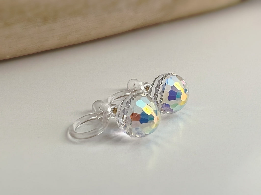 CLIPS earrings invisible Round Crystal faceted PureCrystal Crystals, Minimalist AB Symphony transparent crystal ear clips.