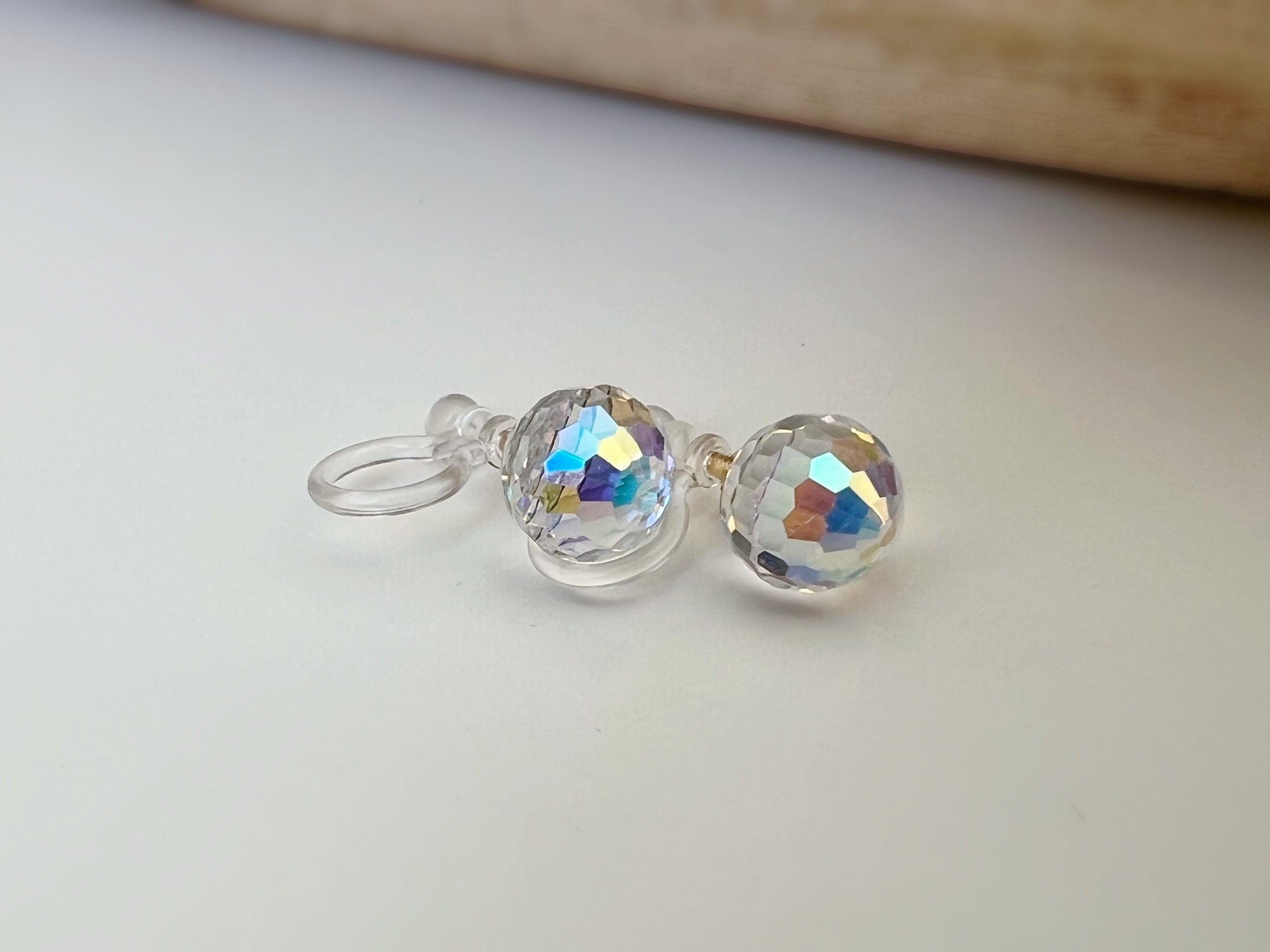 CLIPS earrings invisible Round Crystal faceted PureCrystal Crystals, Minimalist AB Symphony transparent crystal ear clips.