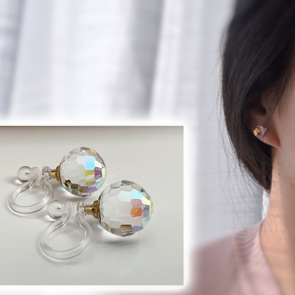 CLIPS earrings invisible Round Crystal faceted PureCrystal Crystals, Minimalist AB Symphony transparent crystal ear clips.