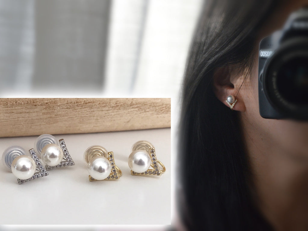 PAINLESS ! CLIPS U spiral V earrings Mini Zircon Stones with large white Pearl in Gold/Silver color. Comfortable clips.
