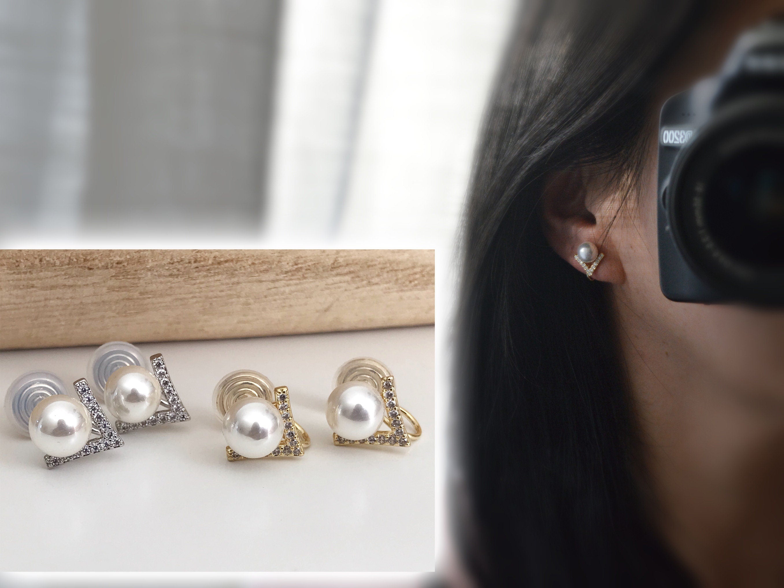 PAINLESS ! CLIPS U spiral V earrings Mini Zircon Stones with large white Pearl in Gold/Silver color. Comfortable clips.