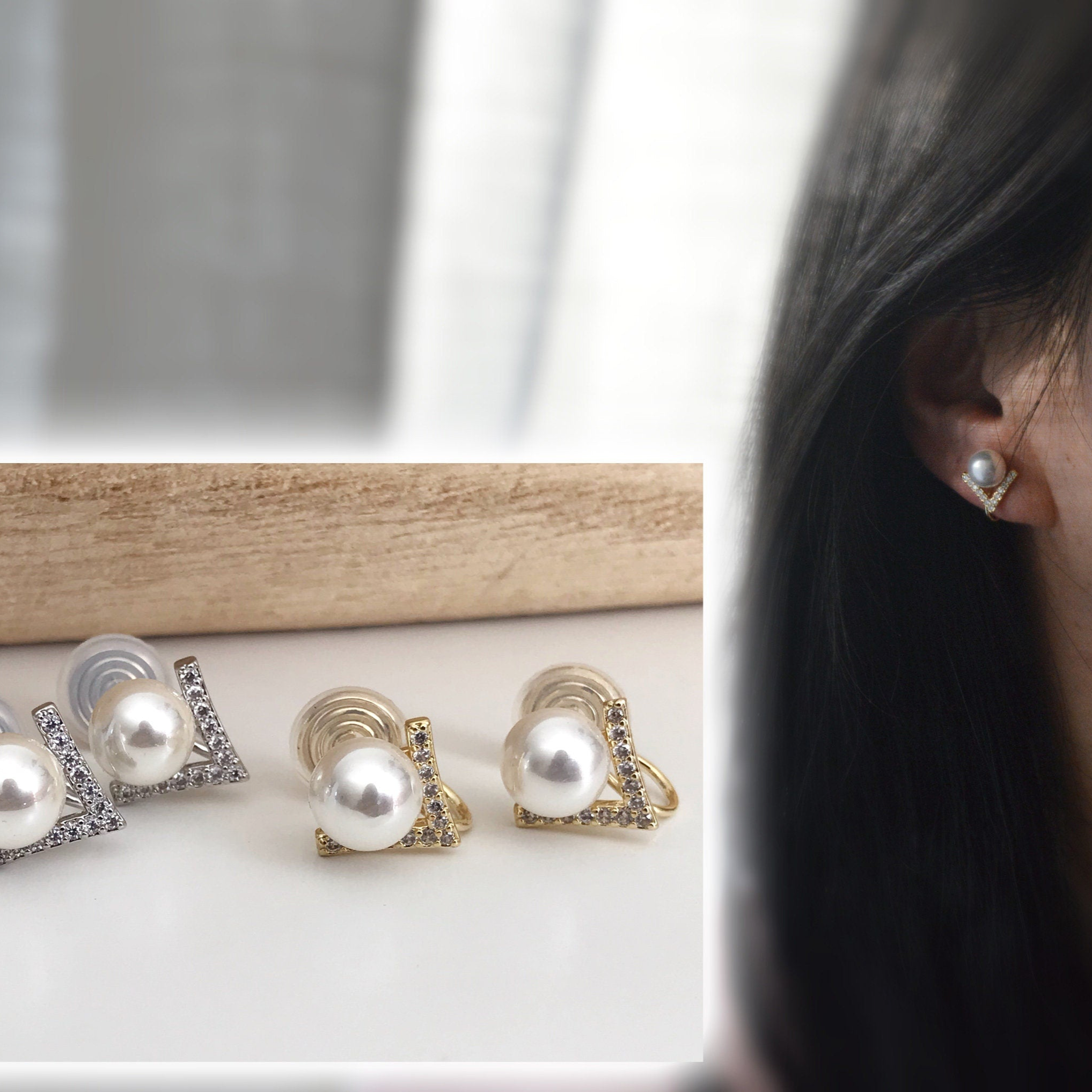 Perle blanche & Zircons - Clips U