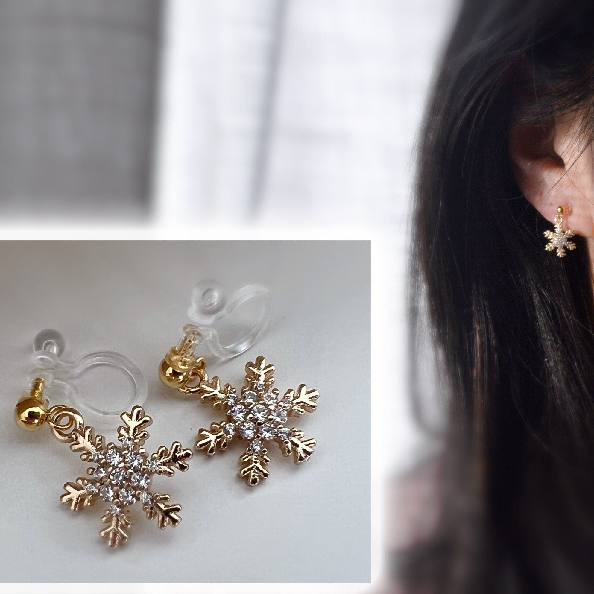 Large/Small Snowflake. Invisible gold-plated brass clips, Zircon. Delicate Jewelry. Christmas Gifts Ready to give