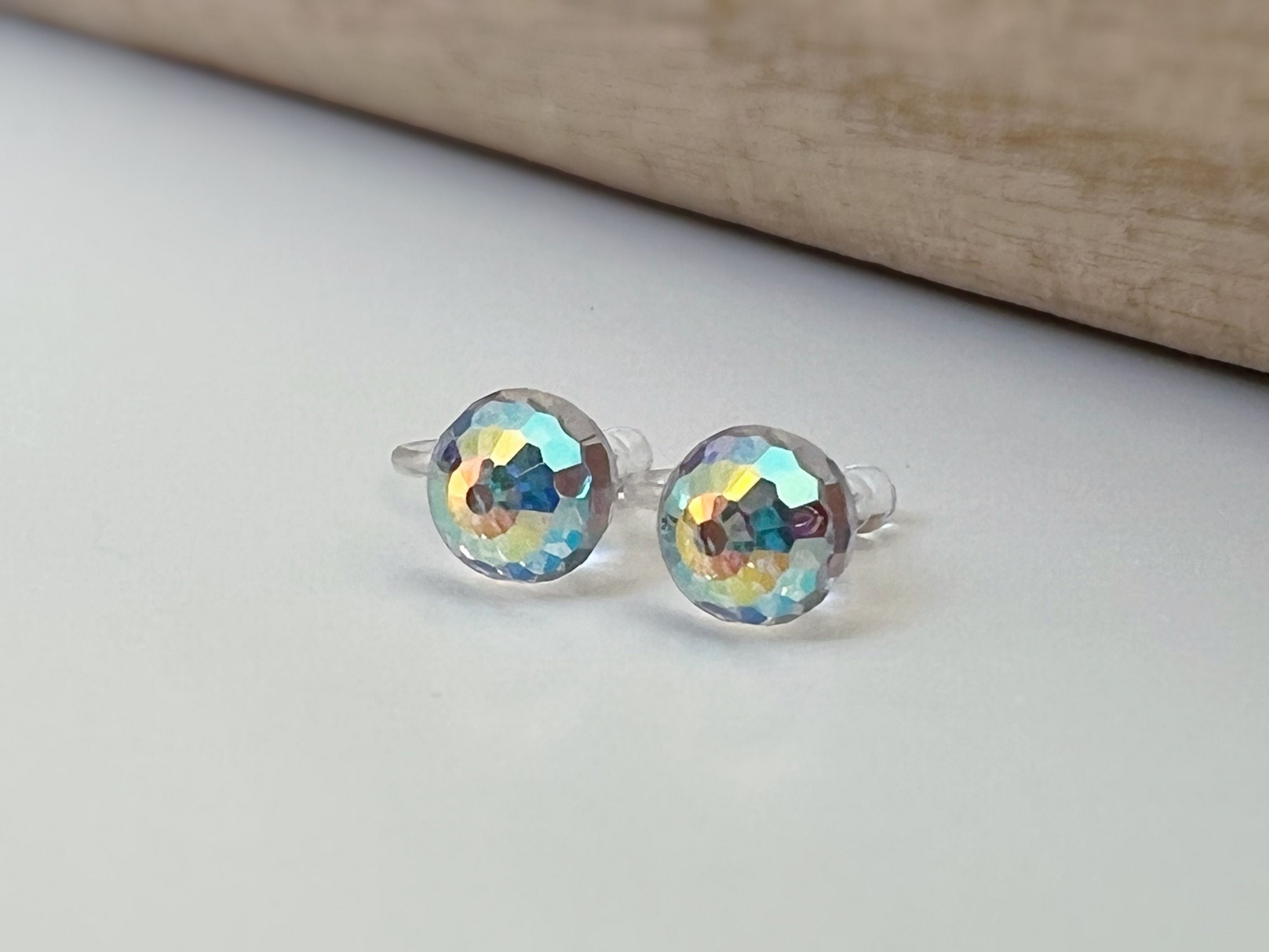 CLIPS earrings invisible Round Crystal faceted PureCrystal Crystals, Minimalist AB Symphony transparent crystal ear clips.