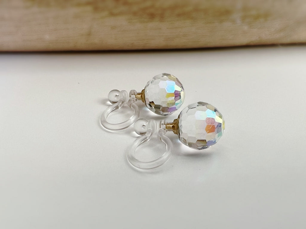 CLIPS earrings invisible Round Crystal faceted PureCrystal Crystals, Minimalist AB Symphony transparent crystal ear clips.