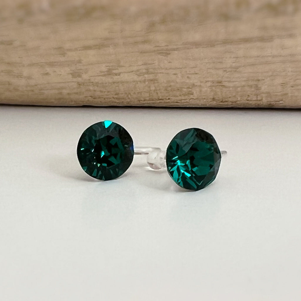Boucles d'oreilles CLIPS invisible Cristal Rond Vert émeraude Emerald PureCristal, Clips d'Oreille Petit cristal Vert foncé Minimaliste.