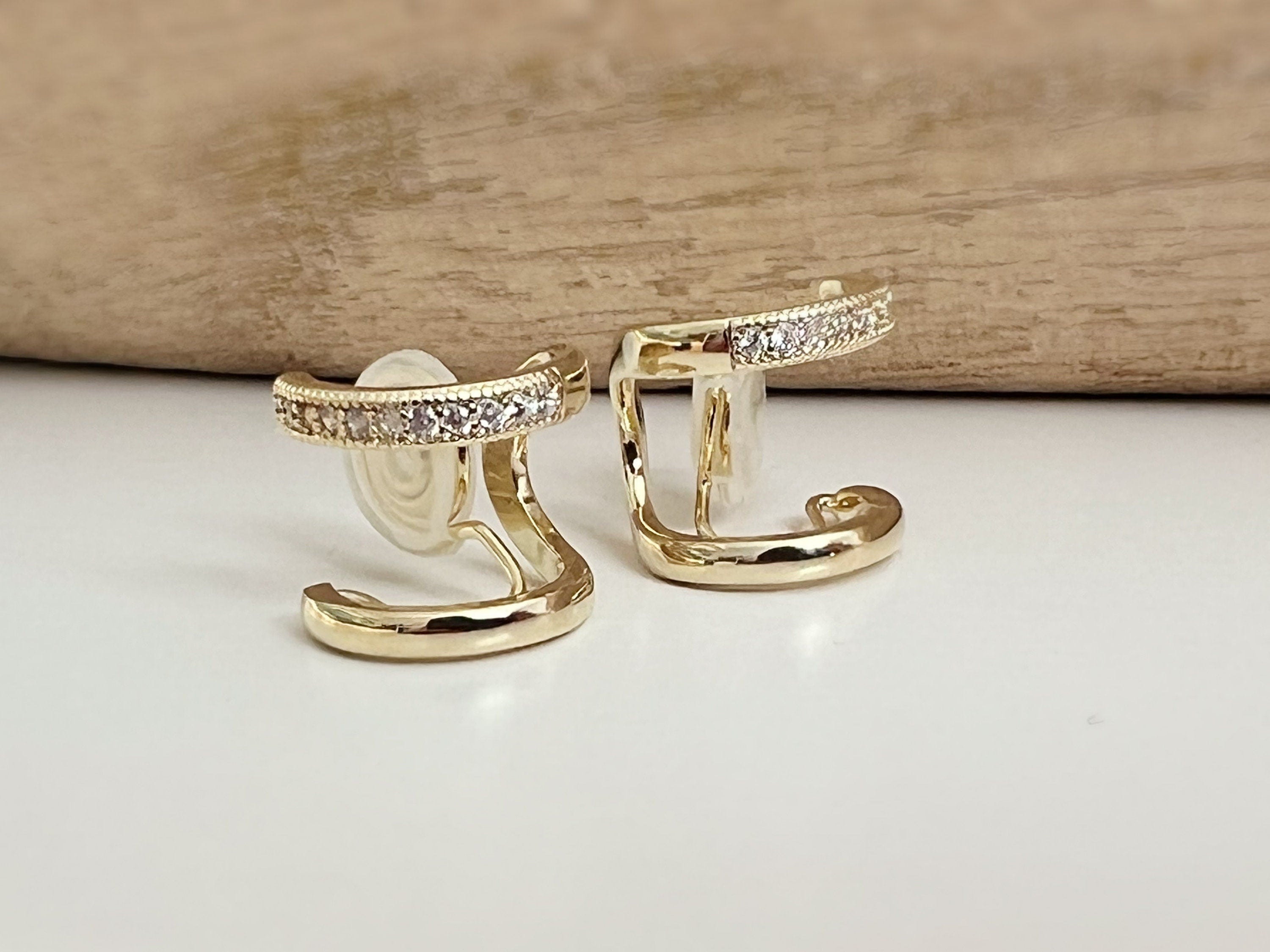 SANS DOULEUR ! Boucles d'oreilles CLIPS U spirale Double cercles Argenté mini pierre zircon. Clips d'oreilles confortable Boucles Délicates