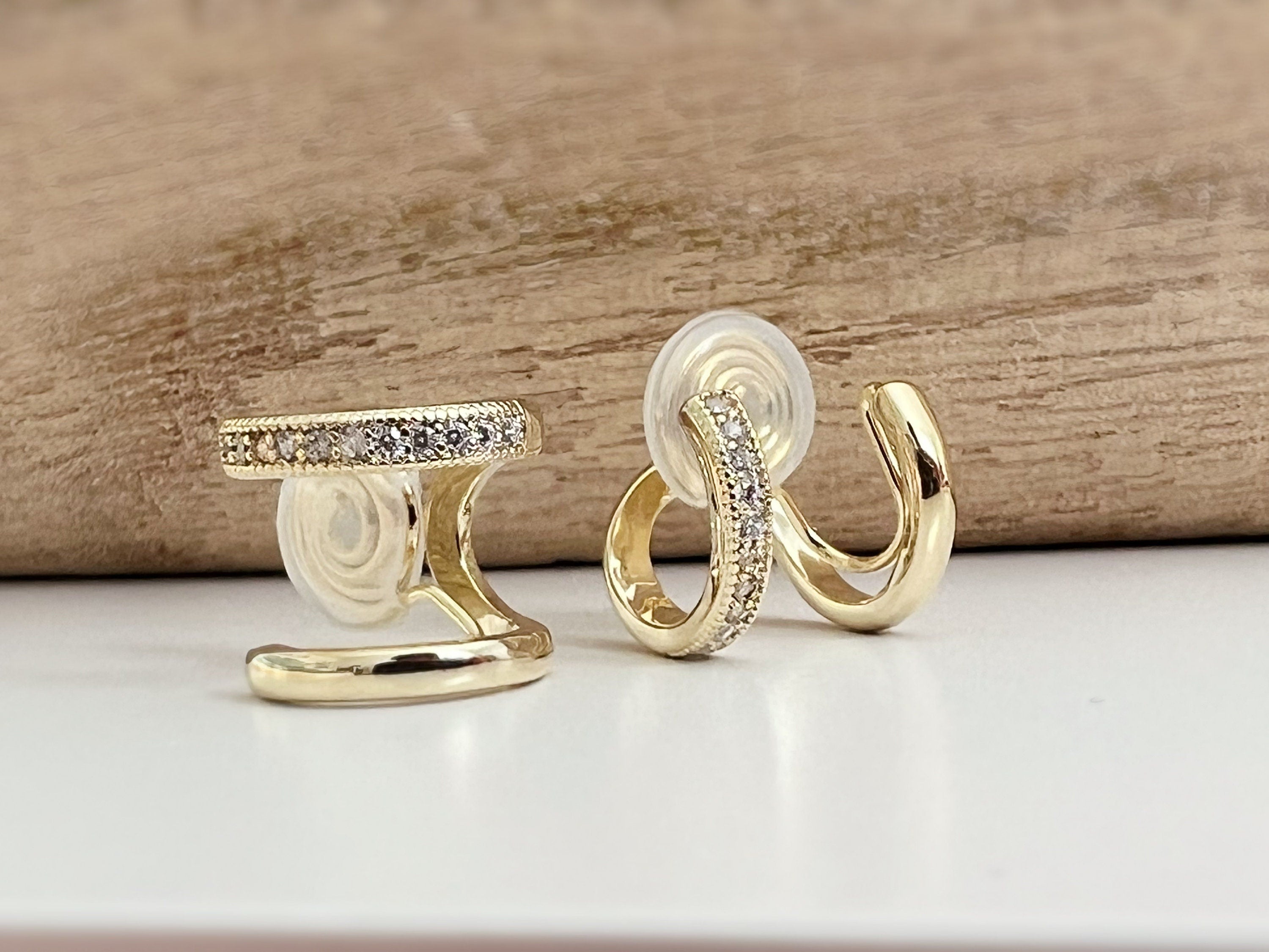 SANS DOULEUR ! Boucles d'oreilles CLIPS U spirale Double cercles Argenté mini pierre zircon. Clips d'oreilles confortable Boucles Délicates