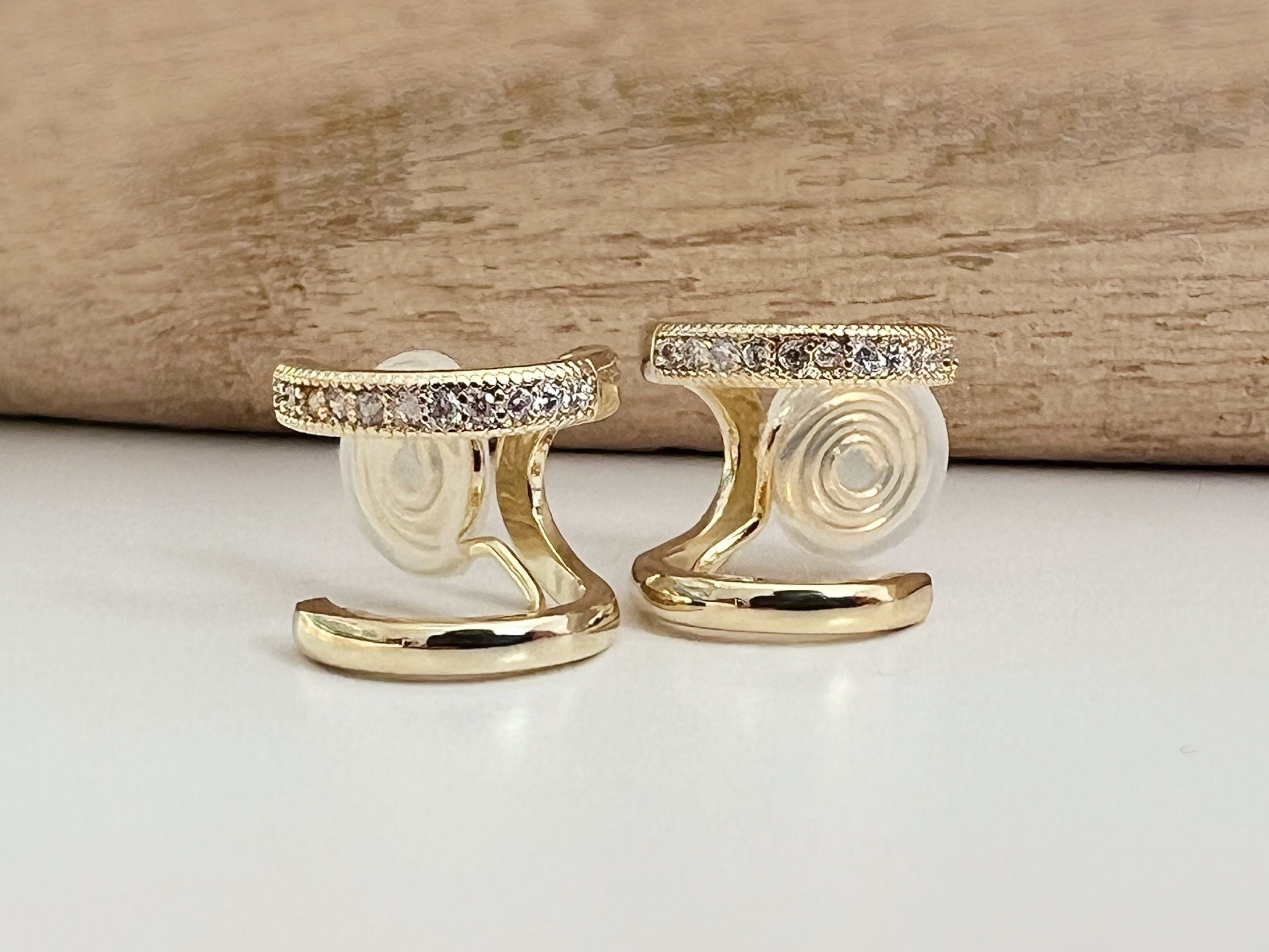SANS DOULEUR ! Boucles d'oreilles CLIPS U spirale Double cercles Argenté mini pierre zircon. Clips d'oreilles confortable Boucles Délicates