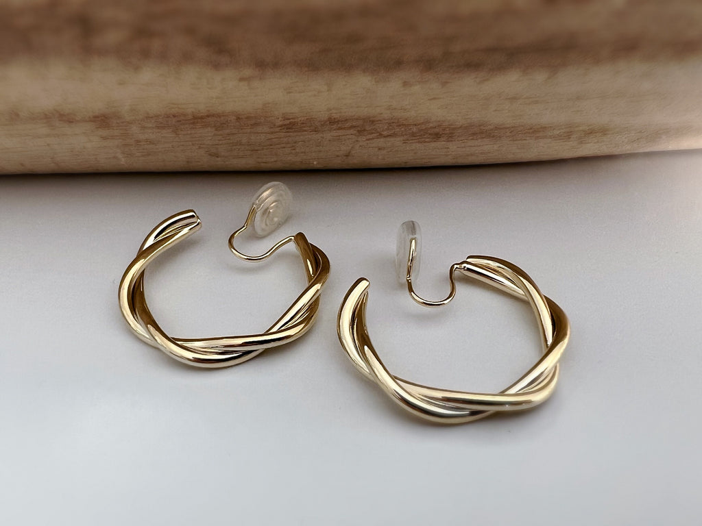 SANS DOULEUR ! 30MM Boucles d'oreilles CLIPS U spirale Cercle torsadé plaqué d'or. Clips d'oreilles confortable Boucles Délicates