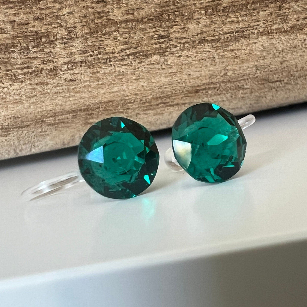 Invisible CLIPS Earrings Emerald Green Round Crystal Ignite PureCristal, Minimalist Dark Green Small Crystal Ear Clips.