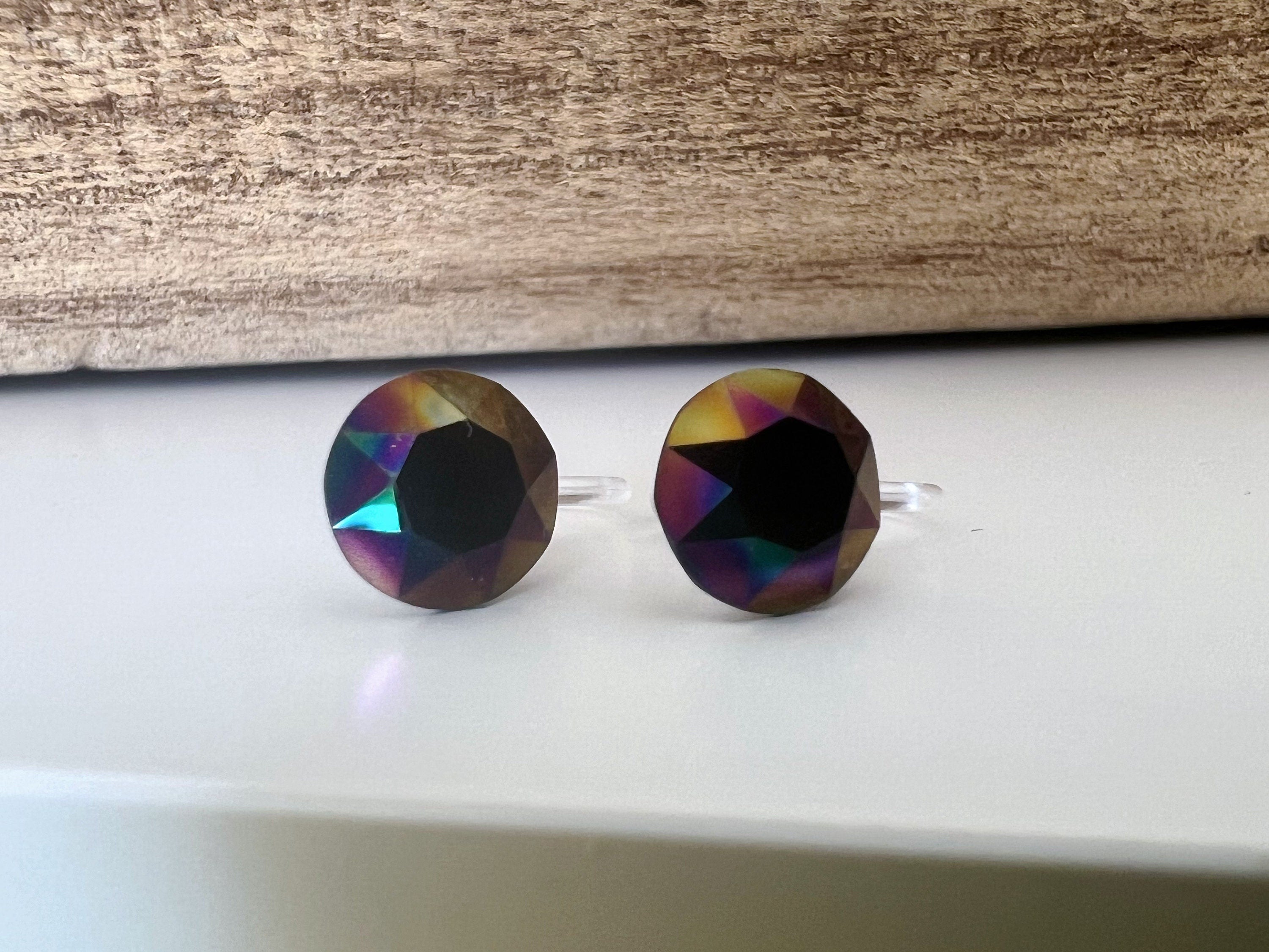 Boucles d'oreilles CLIPS invisible Rond RAINBOW DARK Cristaux PureCrystal Clips d'Oreille Petit Rond arc en ciel noir, Bijoux Minimaliste