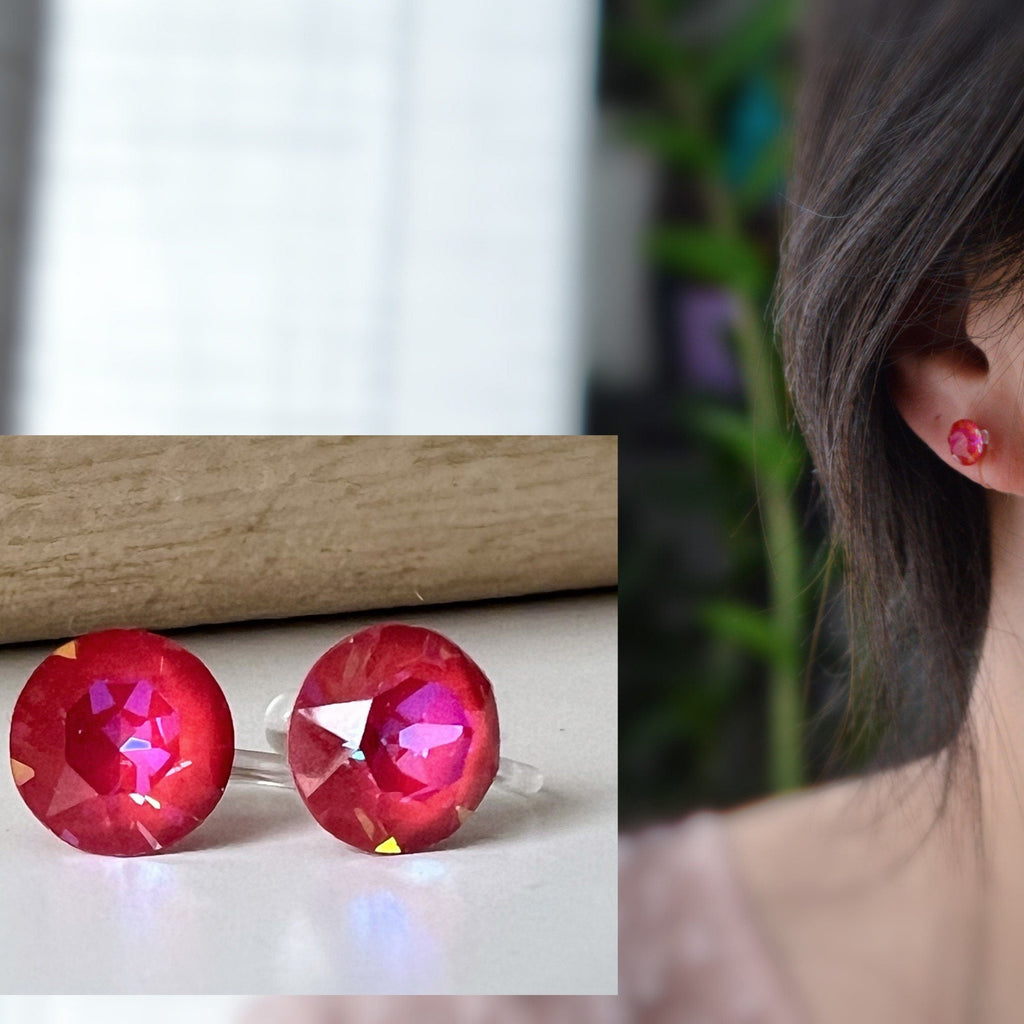 Boucles d'oreilles Clips invisible ROYAL RED DELITE Cristaux PureCrystal Clips d'Oreille Petit Rond rouge, Bijoux Minimaliste