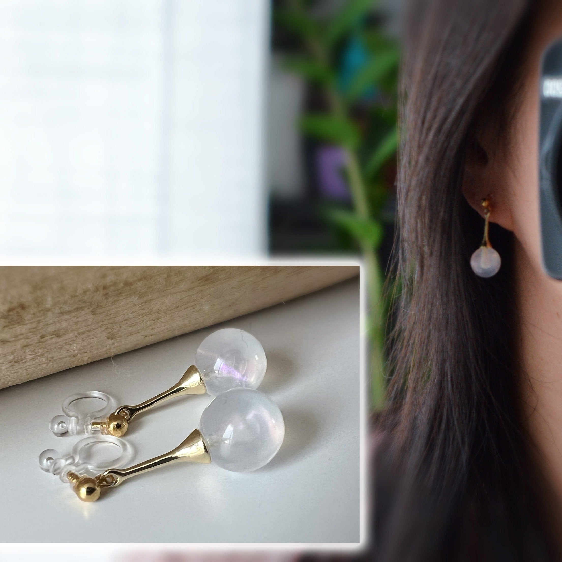 Boucles d'oreilles CLIPS invisibles Perles blanches laiteuses, bijoux minimaliste doré. Clips d'oreilles