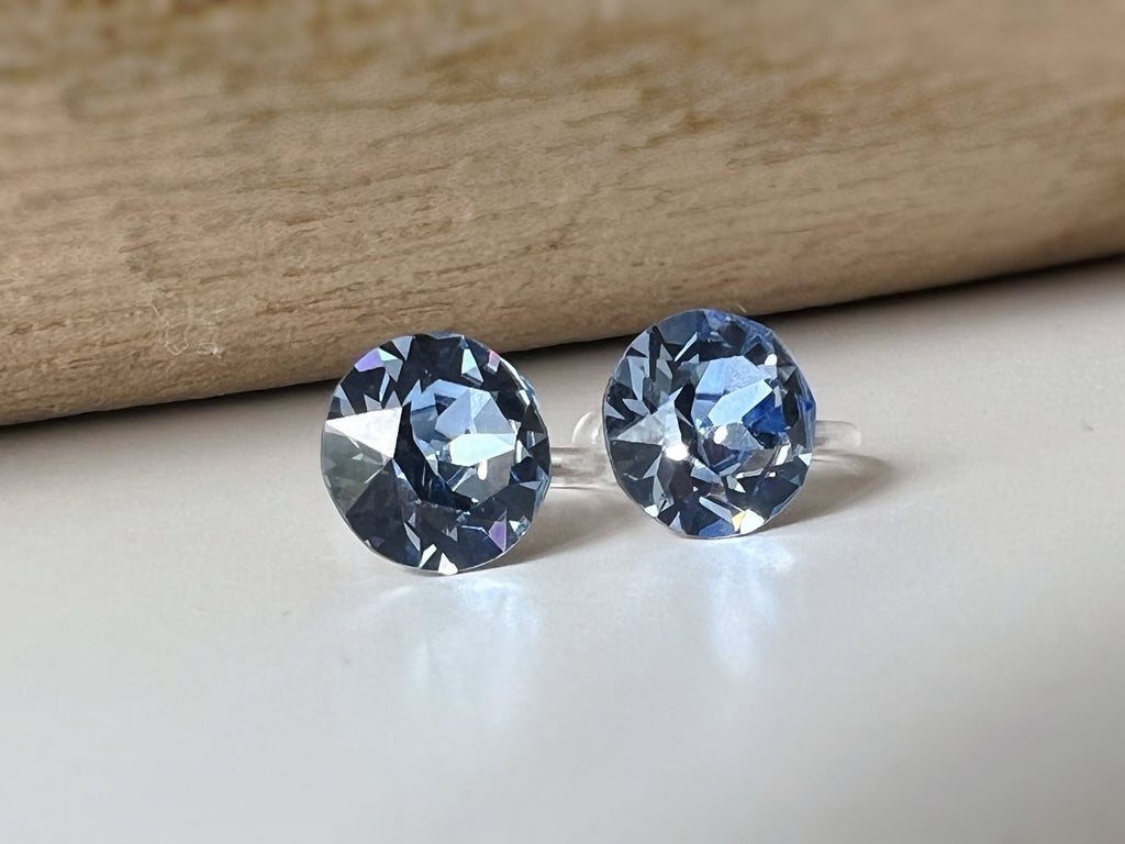 Boucles d'oreilles Clips invisible Rond LIGHT SAPPHIRE Cristaux PureCristal Clips d'Oreille Petit Rond Bleu gris, Bijoux Minimaliste