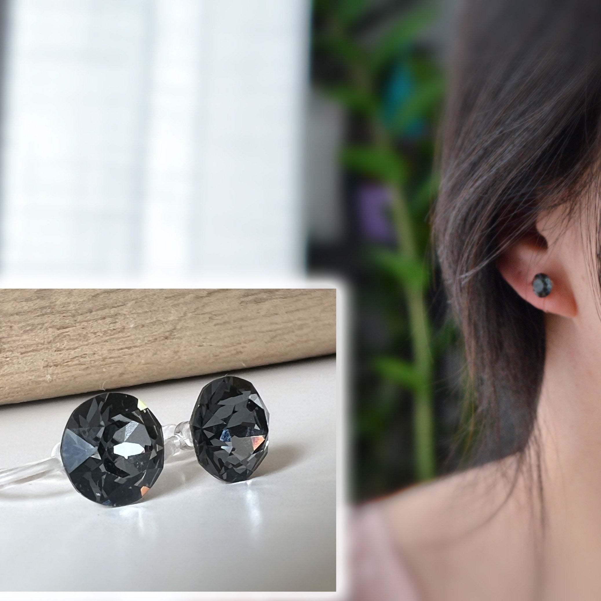 Boucles d'oreilles Clips invisible Rond SILVER NIGHT Cristaux PureCrystal Clips d'Oreille Petit Rond Gris noir, Bijoux Minimaliste