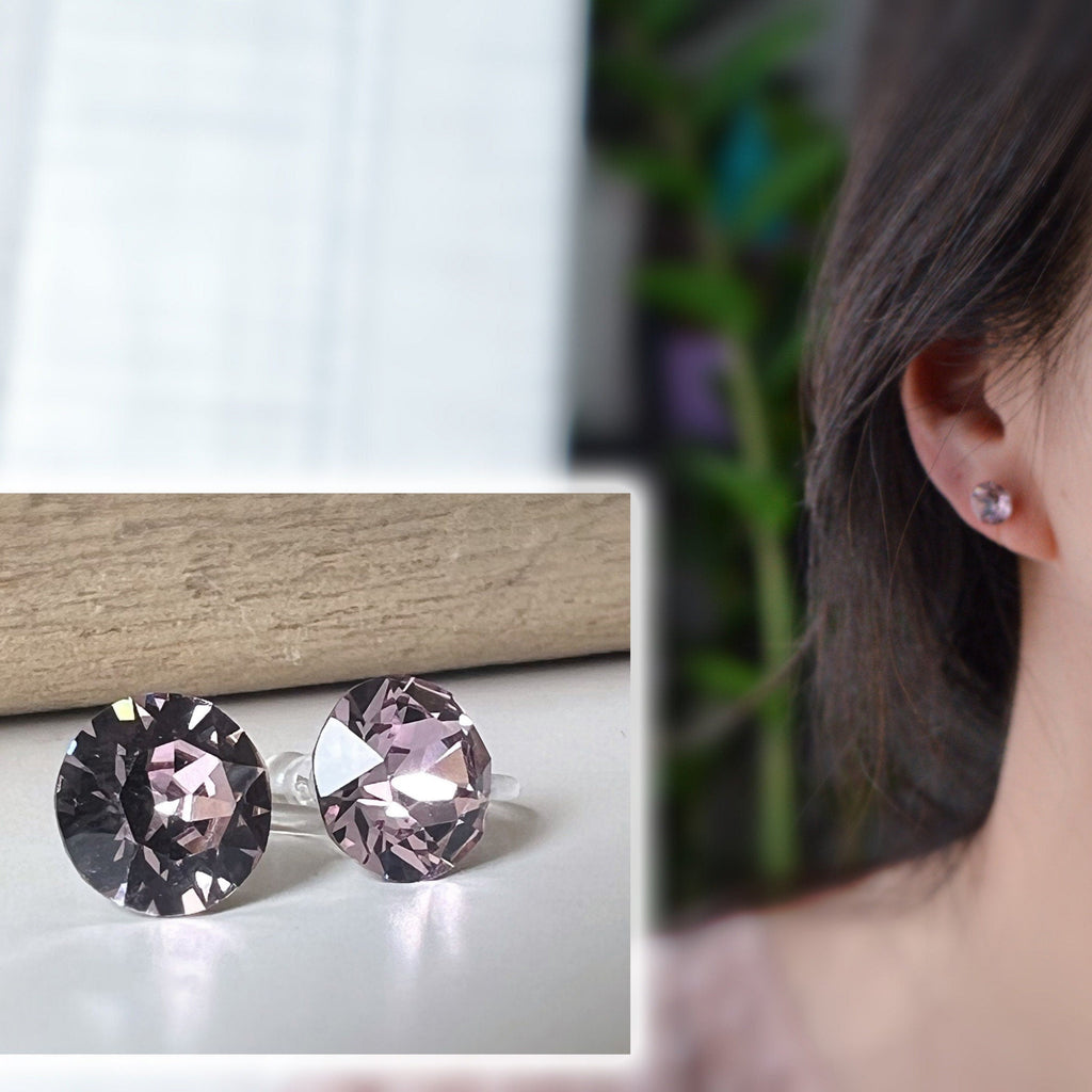Invisible Round Clip Earrings LIGHT AMETHYST Crystals PureCrystal Ear Clips Small Round Light Pink, Minimalist Jewelry