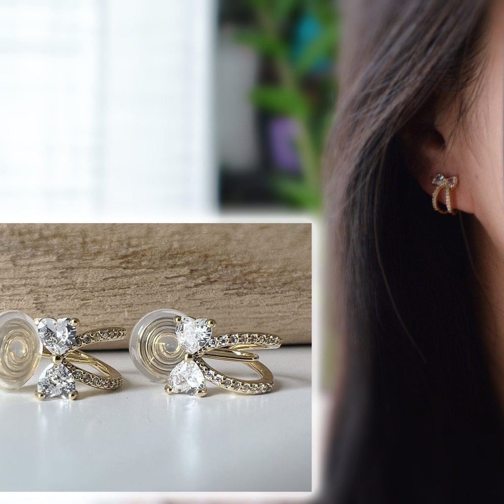 SANS DOULEUR ! Boucles d'oreilles CLIPS U spirale noeud de papillon zircon coeur demi-anneau or. Clips d'oreilles confortable Délicates