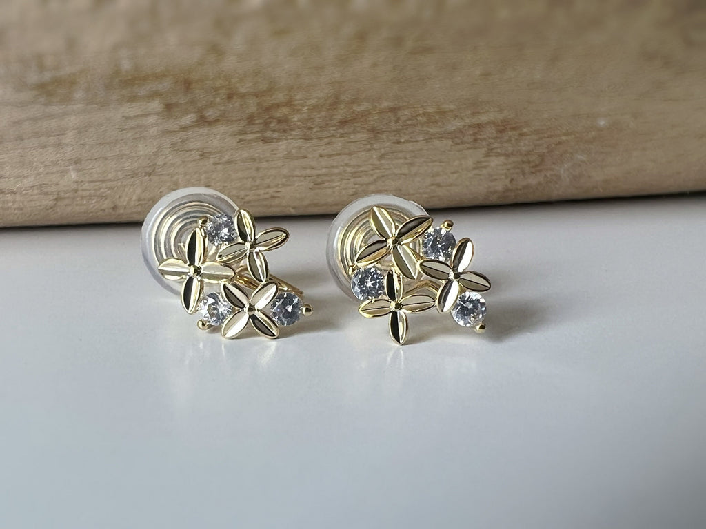 PAINLESS ! CLIPS U spiral earrings sweet Mini flowers with round zircon rhinestones. Comfortable Delicate Ear Clips