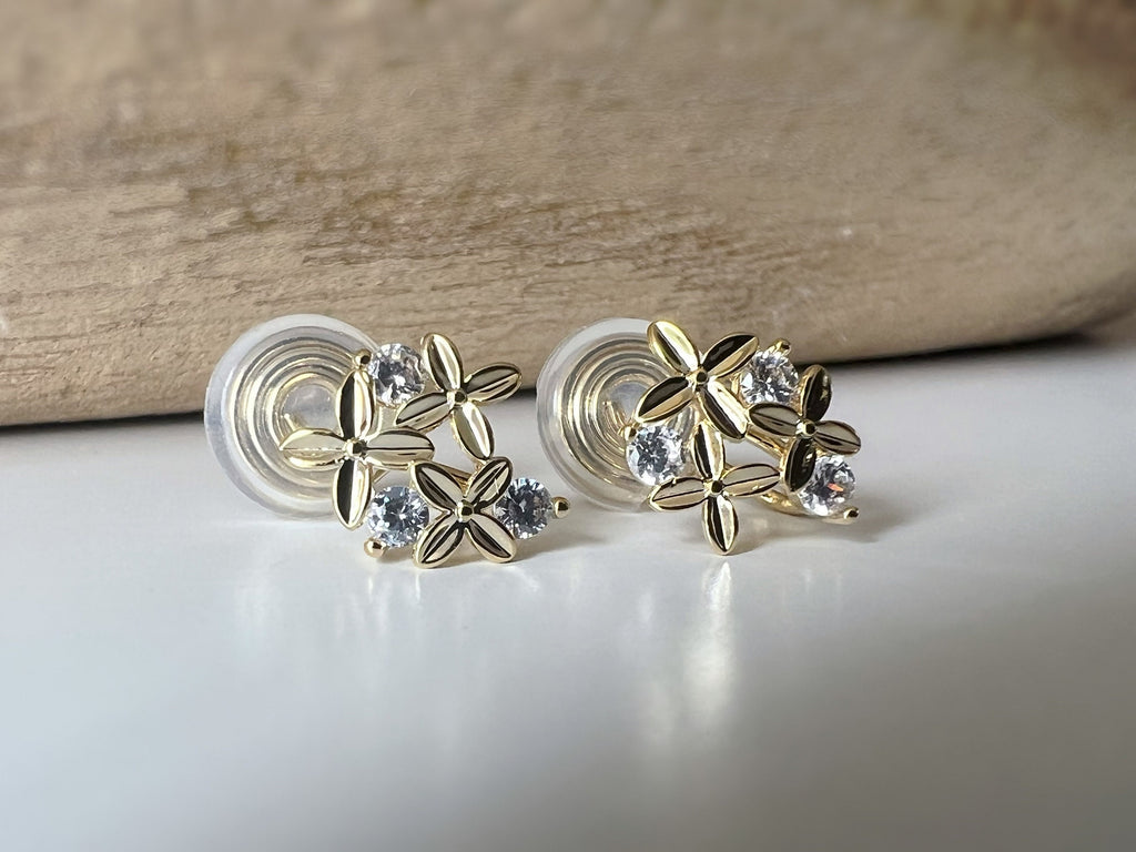 PAINLESS ! CLIPS U spiral earrings sweet Mini flowers with round zircon rhinestones. Comfortable Delicate Ear Clips