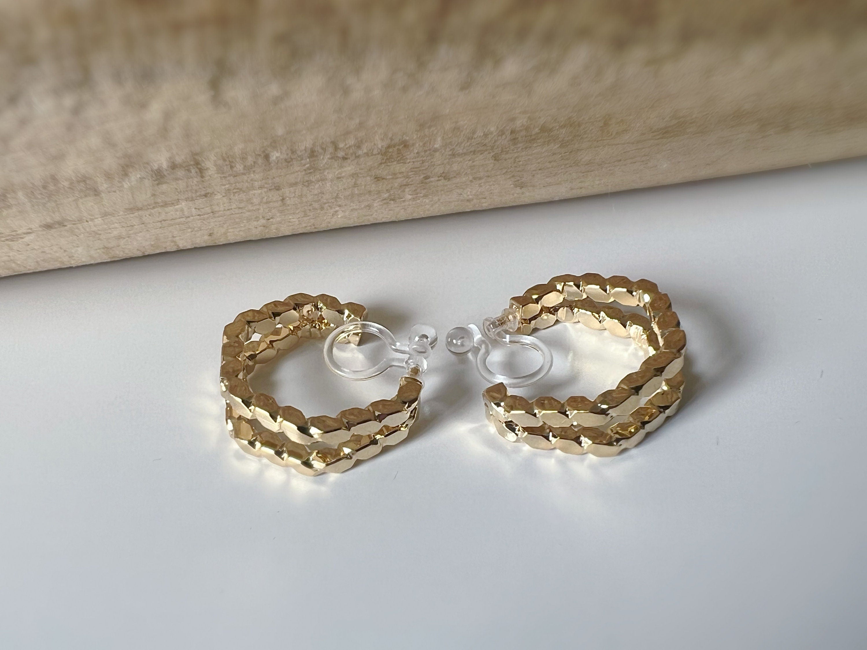 Boucles d'oreilles Clips INVISIBLES Pentagone créole Or / Argent. Double chaîne. Clips d'oreilles Confortables Prêt à offrir