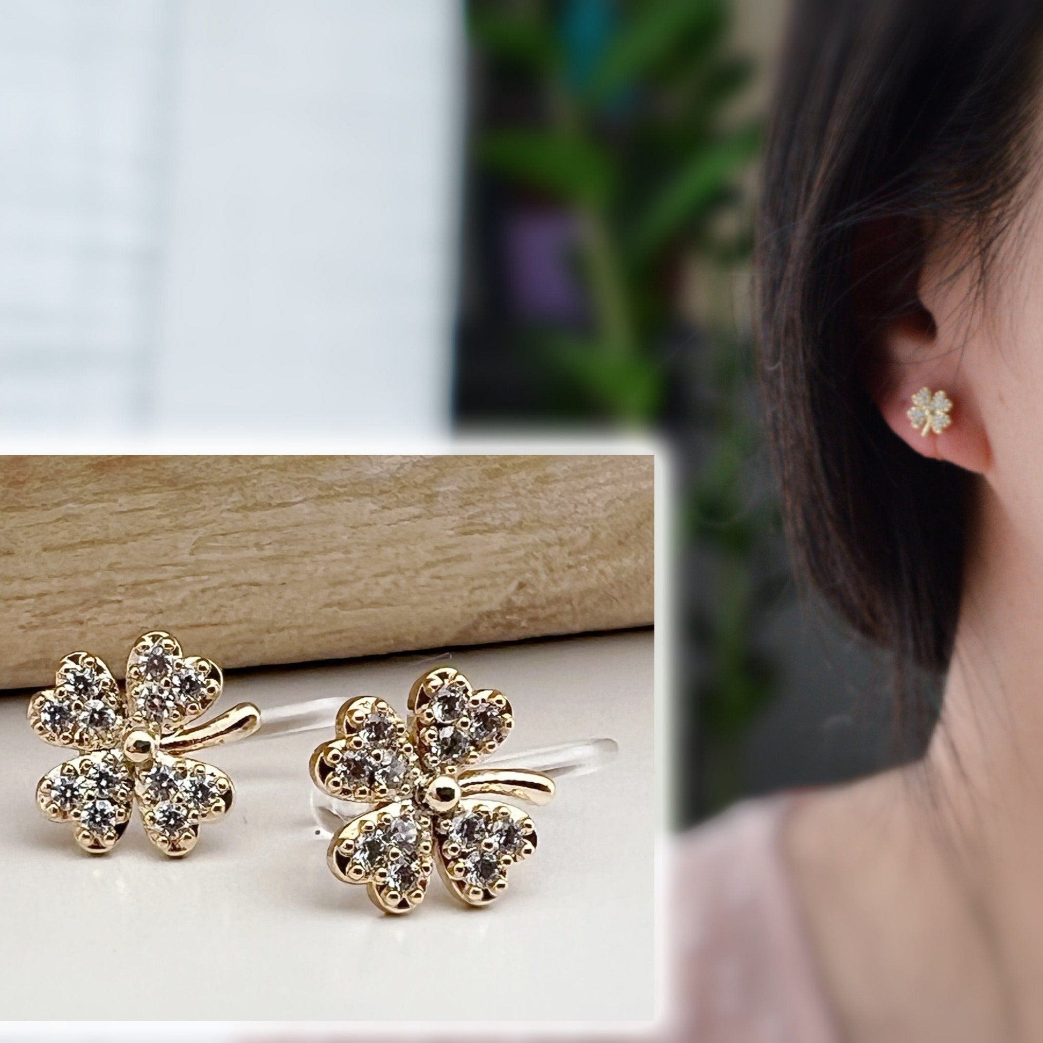 Mini invisible EAR CLIPS, small 4-leaf clover lucky gold zircon Clip-on earrings comfortable delicate minimalist