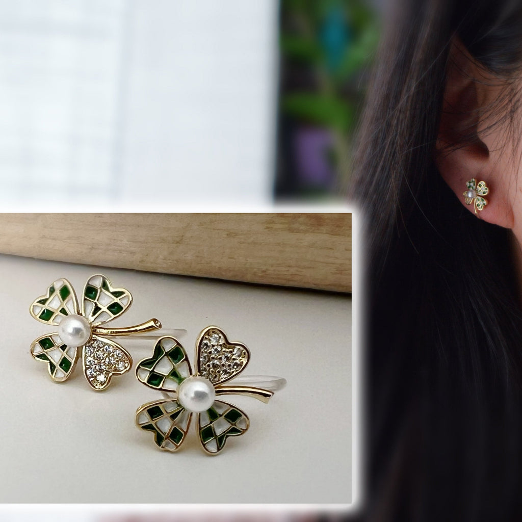 Mini invisible ear CLIPS, small 4-leaf clover gold checkerboard green white lucky charm Delicate comfortable clip earrings