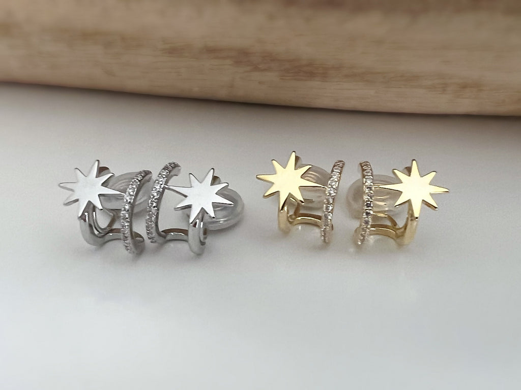 SANS DOULEUR ! Boucles d'oreilles CLIPS U spirale double Cercle étoile couleur Or / Argent. Clips d'oreilles confortable Boucles Délicates