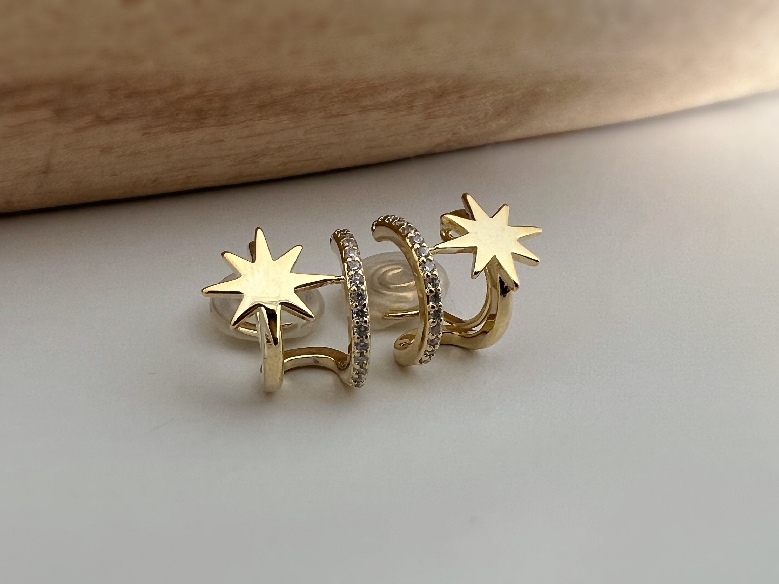 SANS DOULEUR ! Boucles d'oreilles CLIPS U spirale double Cercle étoile couleur Or / Argent. Clips d'oreilles confortable Boucles Délicates