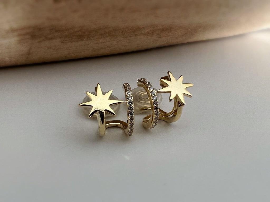 SANS DOULEUR ! Boucles d'oreilles CLIPS U spirale double Cercle étoile couleur Or / Argent. Clips d'oreilles confortable Boucles Délicates