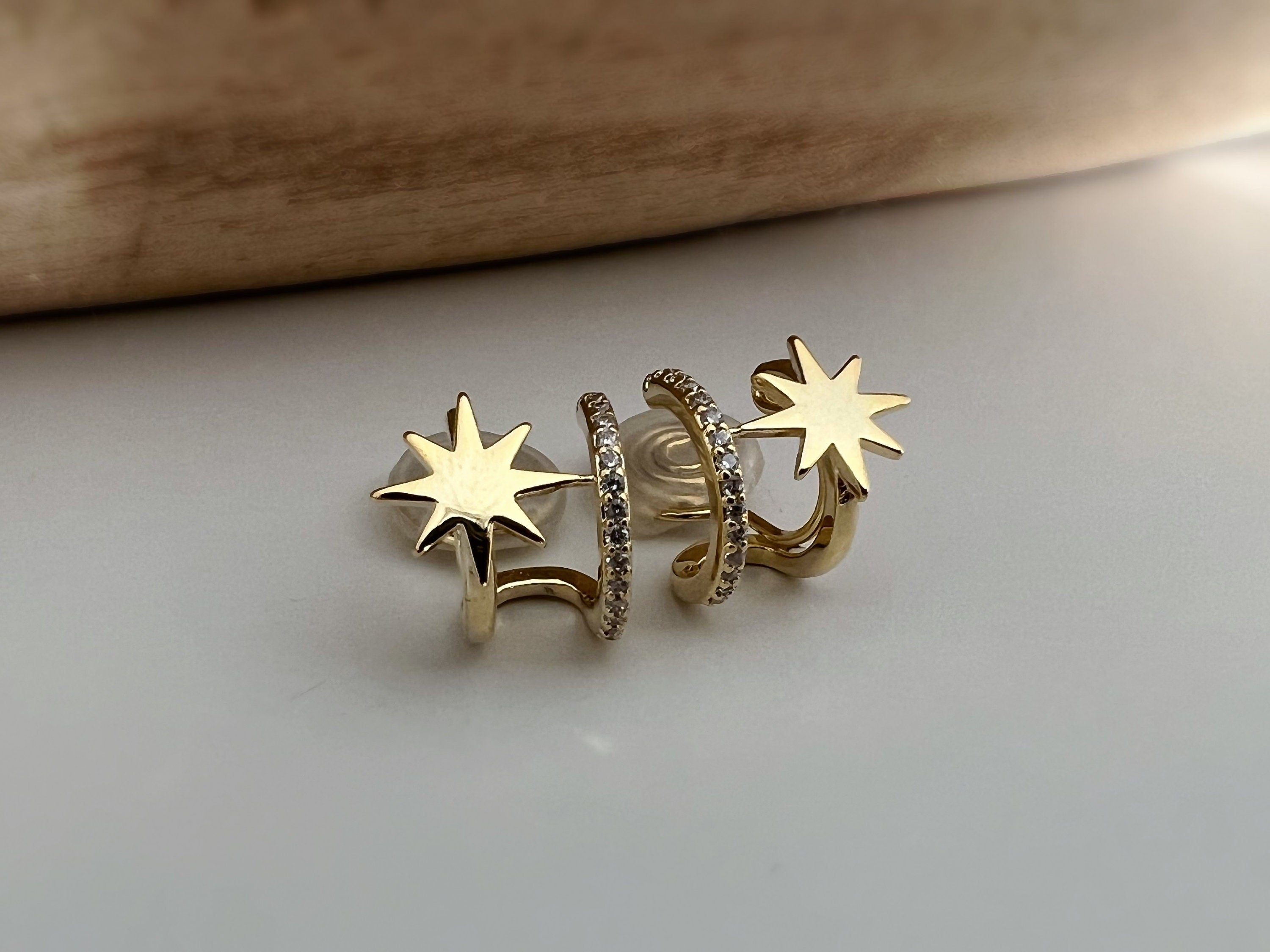 SANS DOULEUR ! Boucles d'oreilles CLIPS U spirale double Cercle étoile couleur Or / Argent. Clips d'oreilles confortable Boucles Délicates