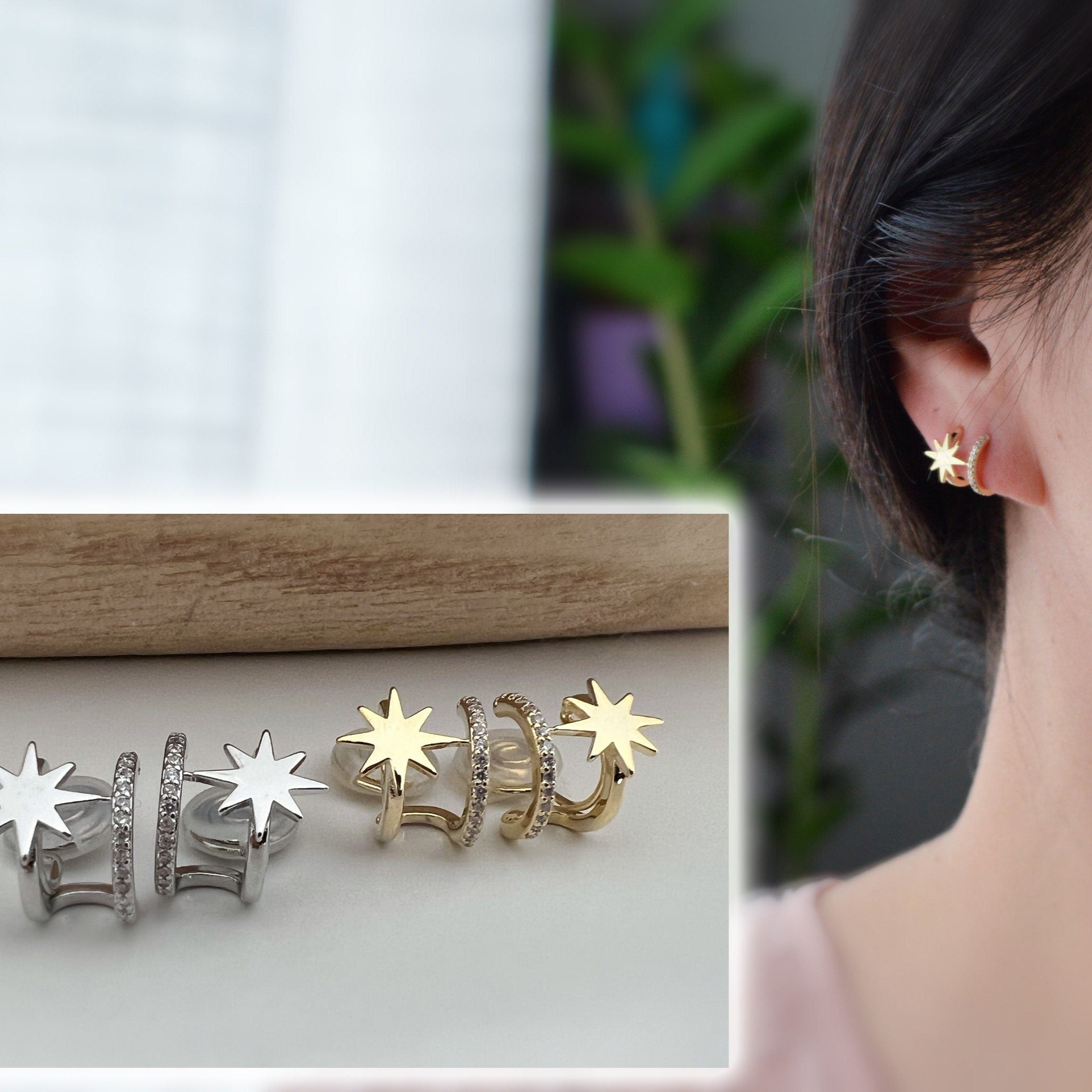 SANS DOULEUR ! Boucles d'oreilles CLIPS U spirale double Cercle étoile couleur Or / Argent. Clips d'oreilles confortable Boucles Délicates