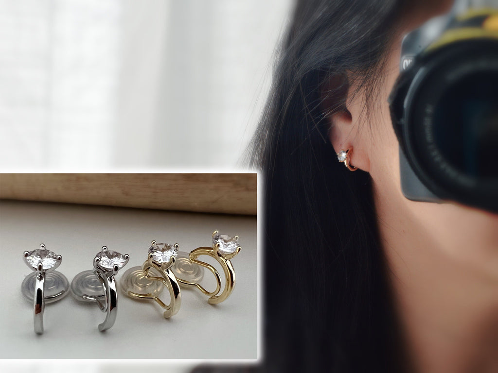 SANS DOULEUR ! Boucles d'oreilles CLIPS U spirale Demi-cercle Pierre Zircon Rond plaqué d'Or. Clips d'oreilles confortable Prêt à offrir