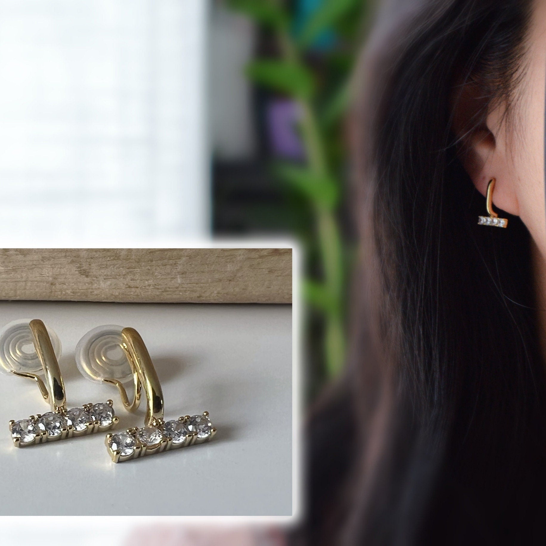 SANS DOULEUR ! Boucles d'oreilles CLIPS U spirale Barre Or avec Barre mini Zircon, plaqué d'Or Clips d'oreilles confortable.