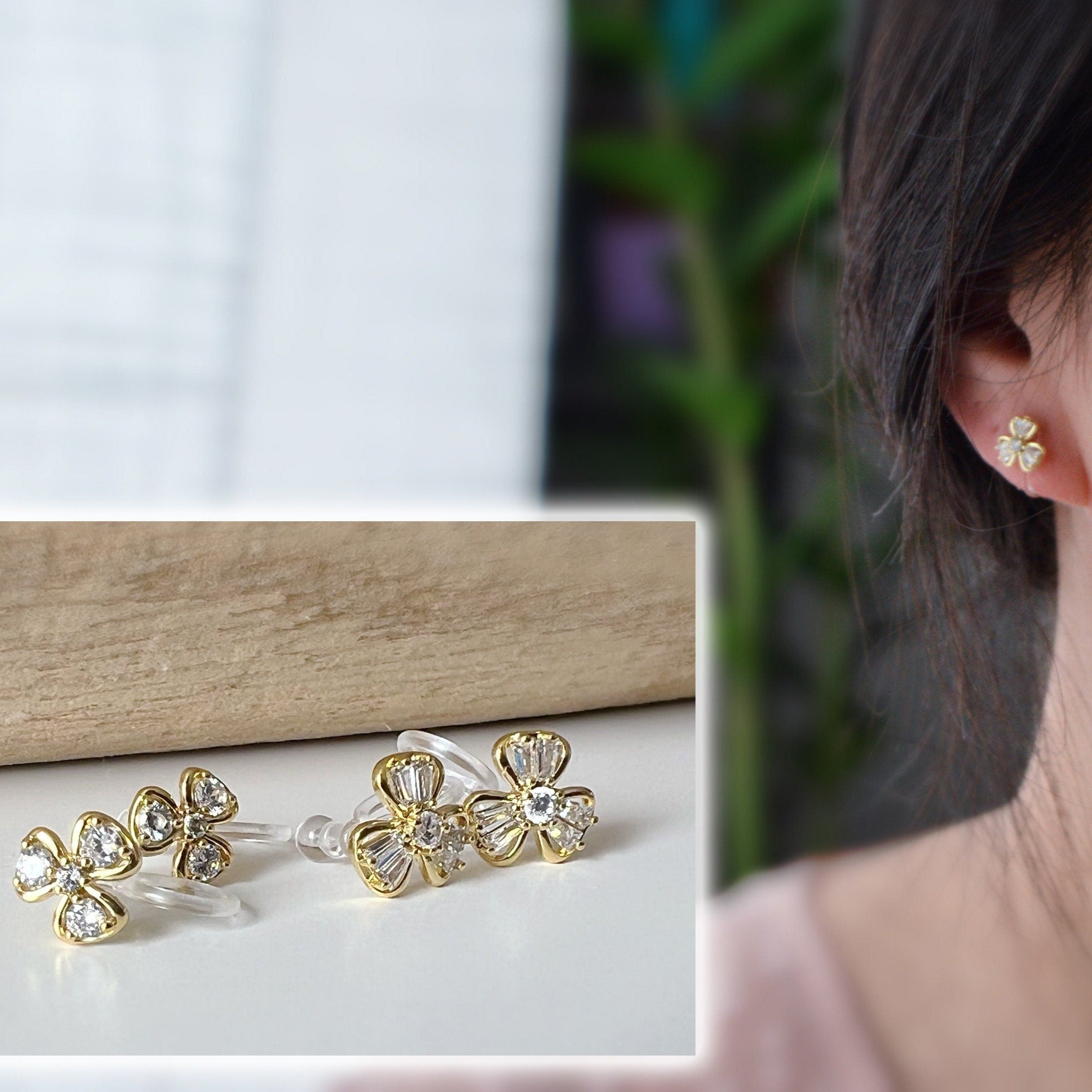 Mini CLIPS d'oreilles invisibles, petit Trèfle Or Zircon Boucles d'oreilles clips confortable délicat minimaliste