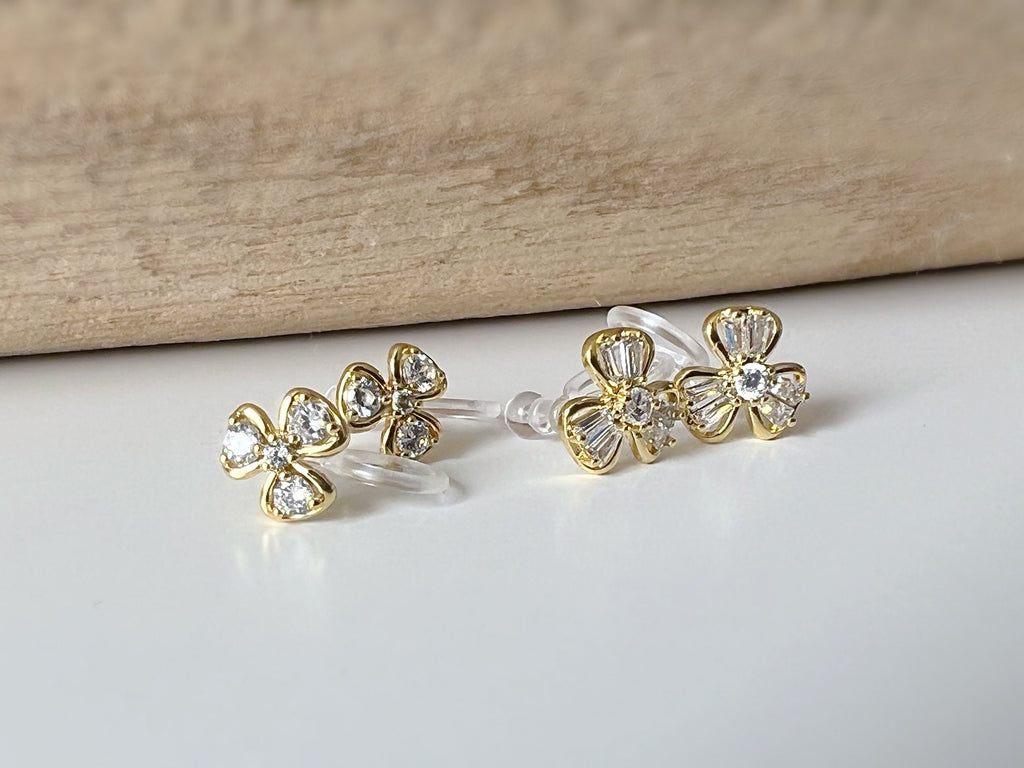 Mini CLIPS d'oreilles invisibles, petit Trèfle Or Zircon Boucles d'oreilles clips confortable délicat minimaliste