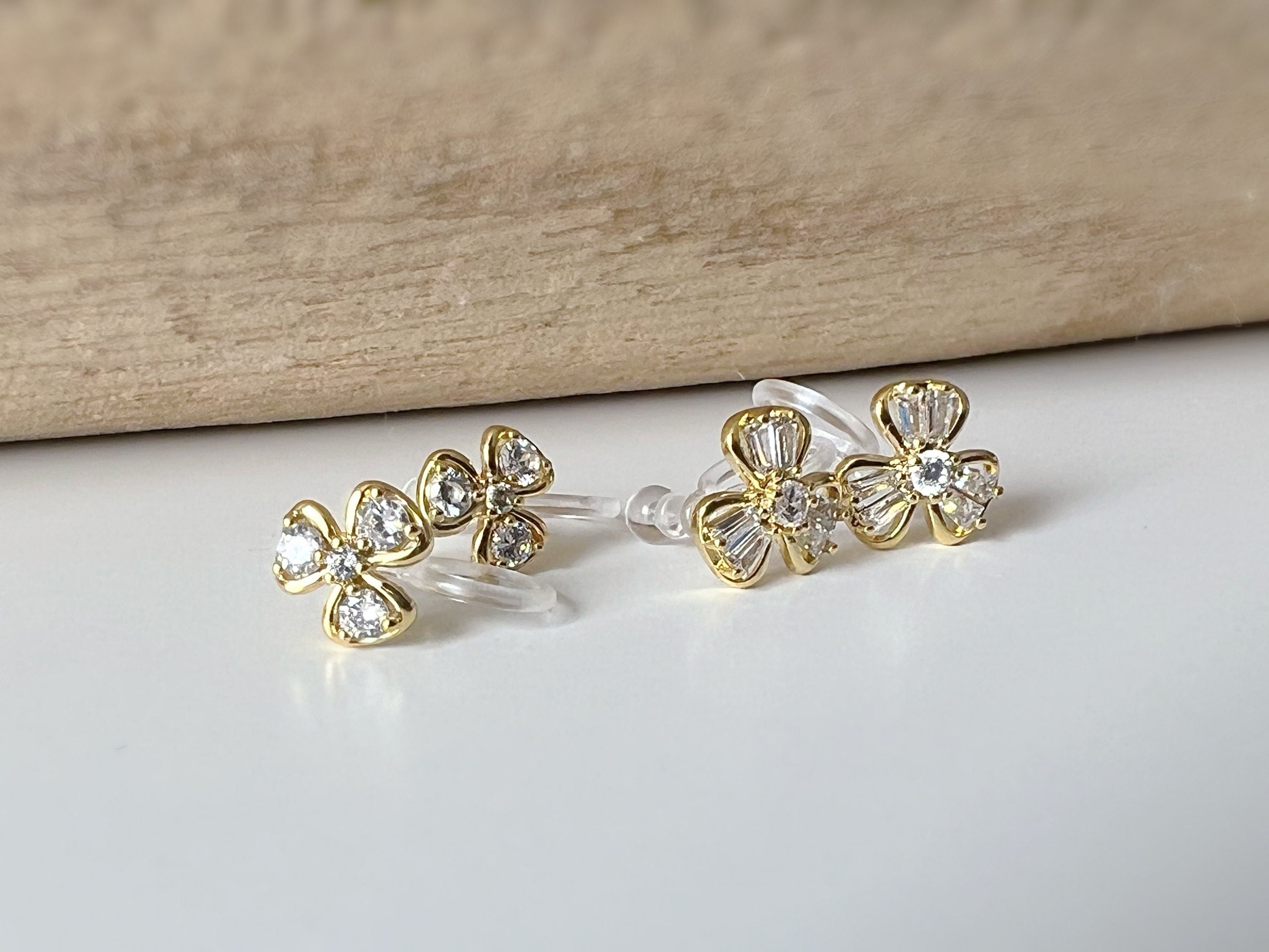 Mini CLIPS d'oreilles invisibles, petit Trèfle Or Zircon Boucles d'oreilles clips confortable délicat minimaliste