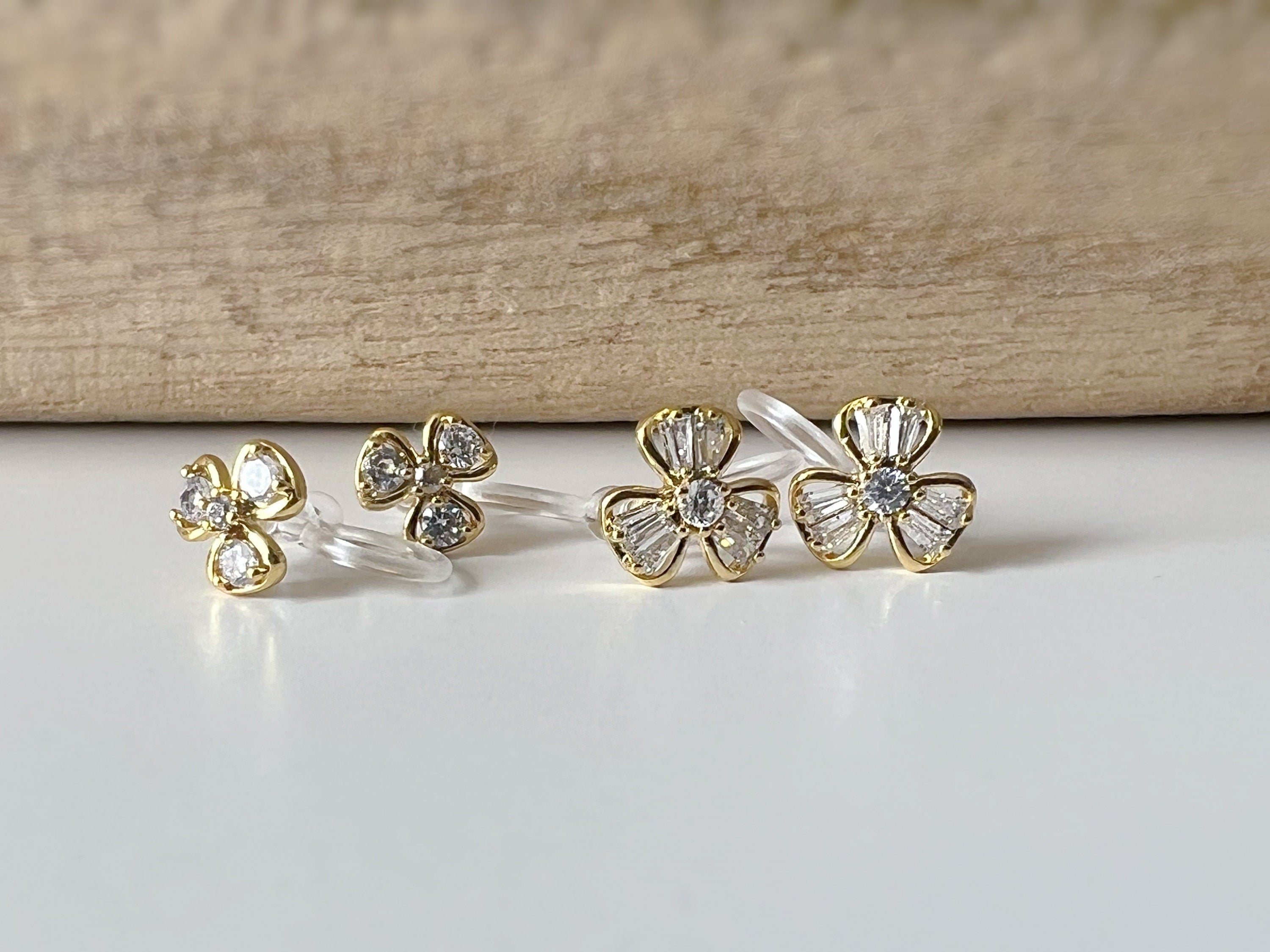 Mini CLIPS d'oreilles invisibles, petit Trèfle Or Zircon Boucles d'oreilles clips confortable délicat minimaliste