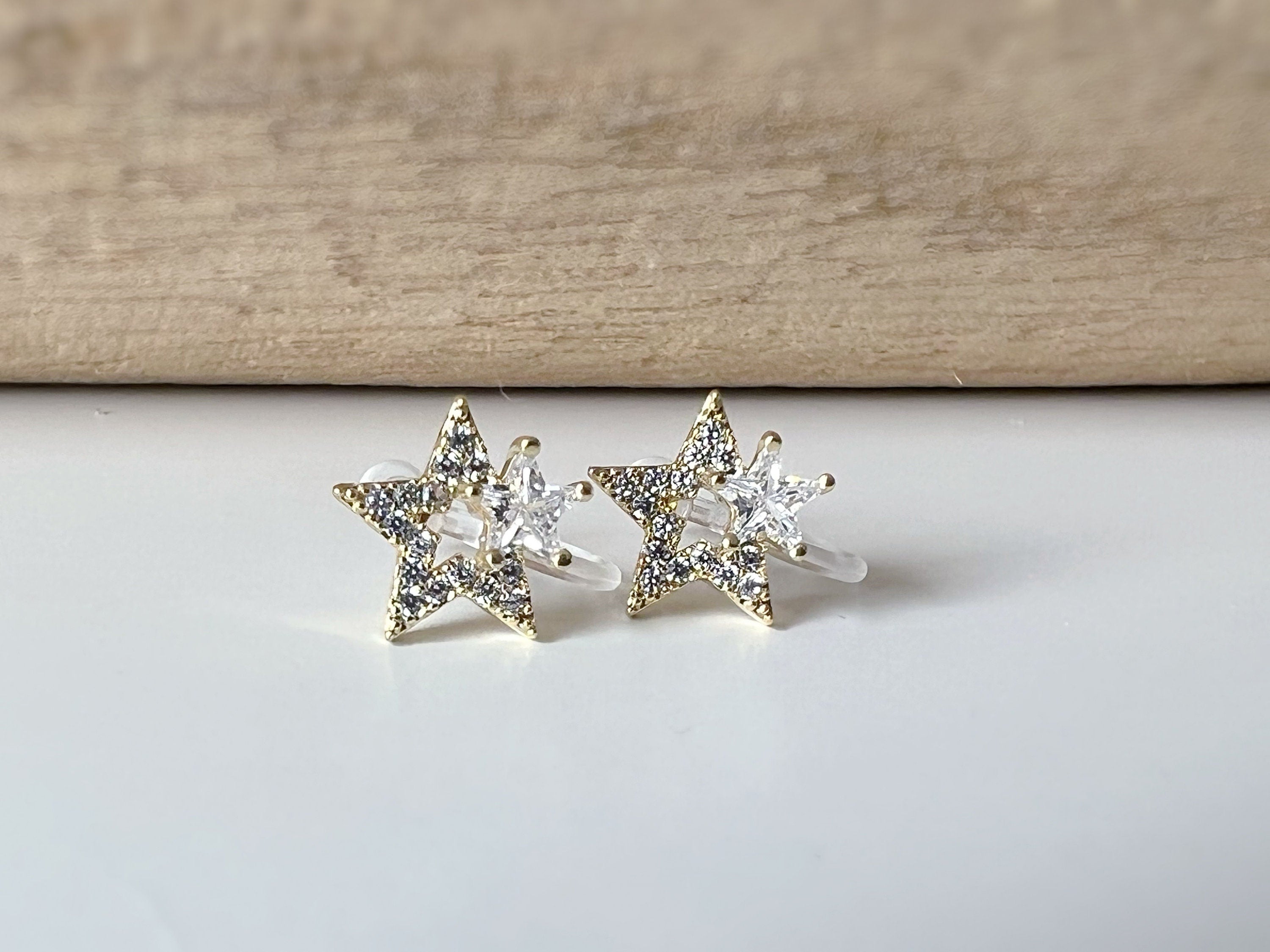 Mini invisible EAR CLIPS, Large and Small Stars Gold Zircon Clip-on earrings comfortable delicate minimalist