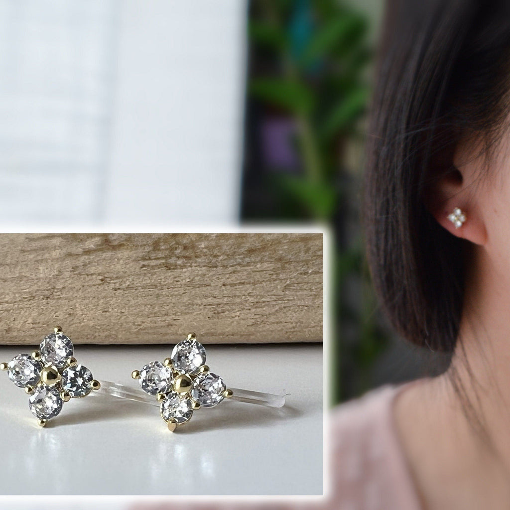 Mini invisible EAR CLIPS, Mini Flower four petals Gold Zircon, Comfortable delicate minimalist clip earrings