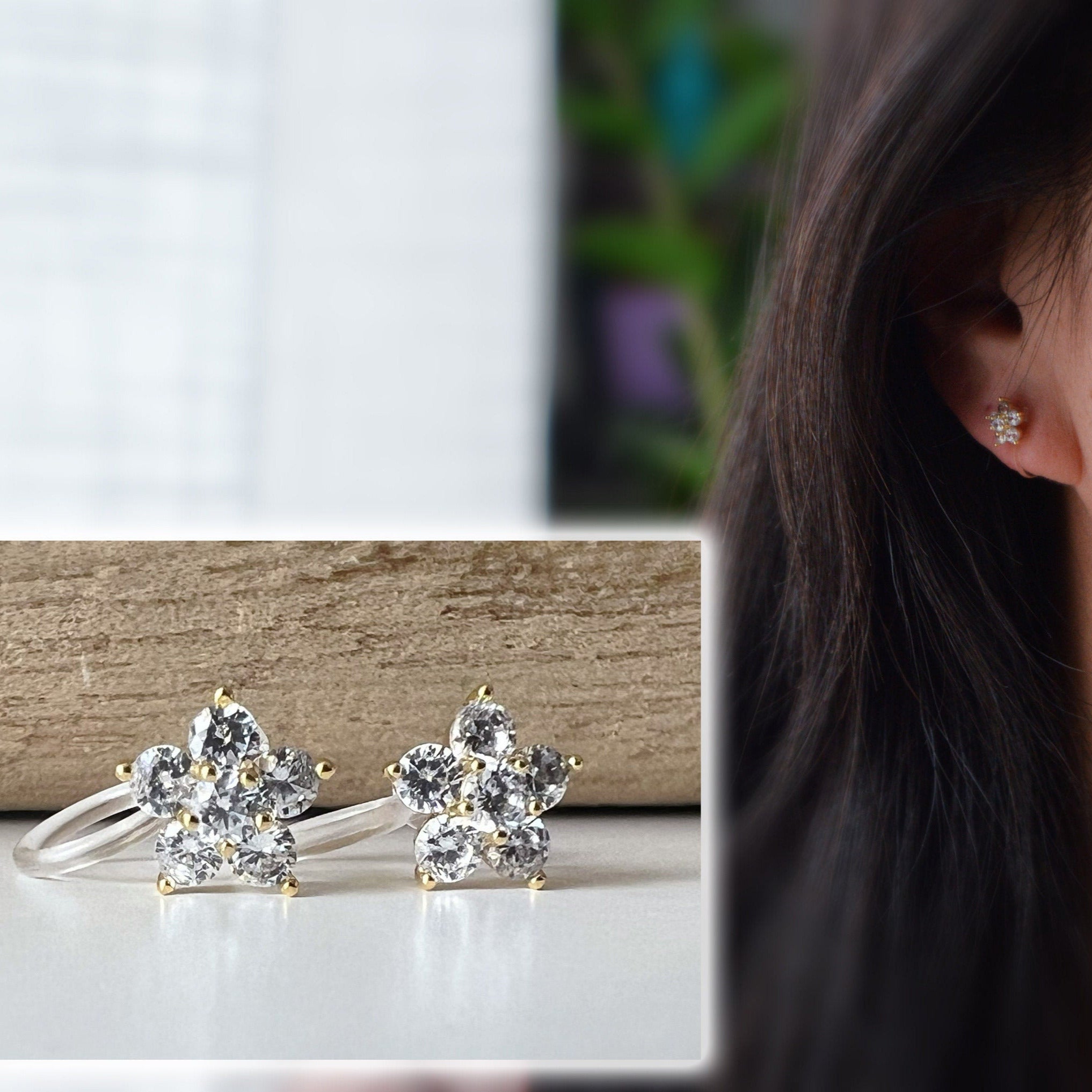 Mini CLIPS d'oreilles invisibles, Mini Fleur cinq pétales Or Zircon, Boucles d'oreilles clips confortable délicat minimaliste