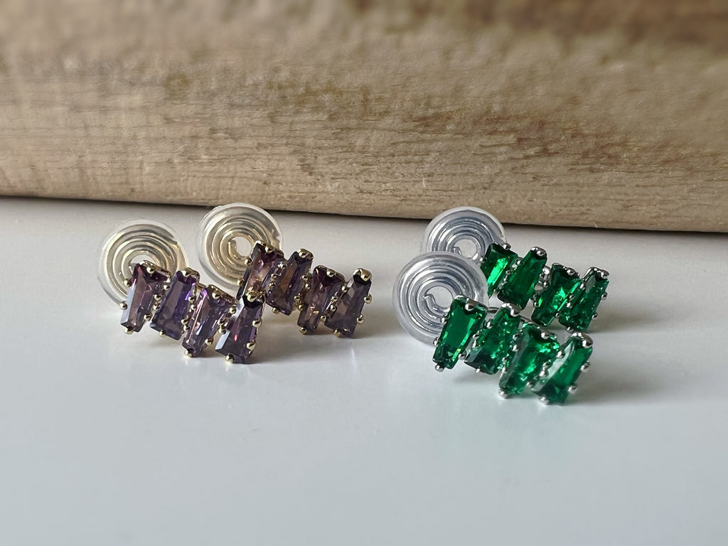 SANS DOULEUR ! Boucles d'oreilles CLIPS U spirale Rectangle Violet Or / Vert Argent. Clips confortable