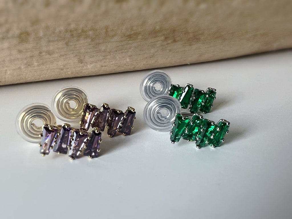 SANS DOULEUR ! Boucles d'oreilles CLIPS U spirale Rectangle Violet Or / Vert Argent. Clips confortable