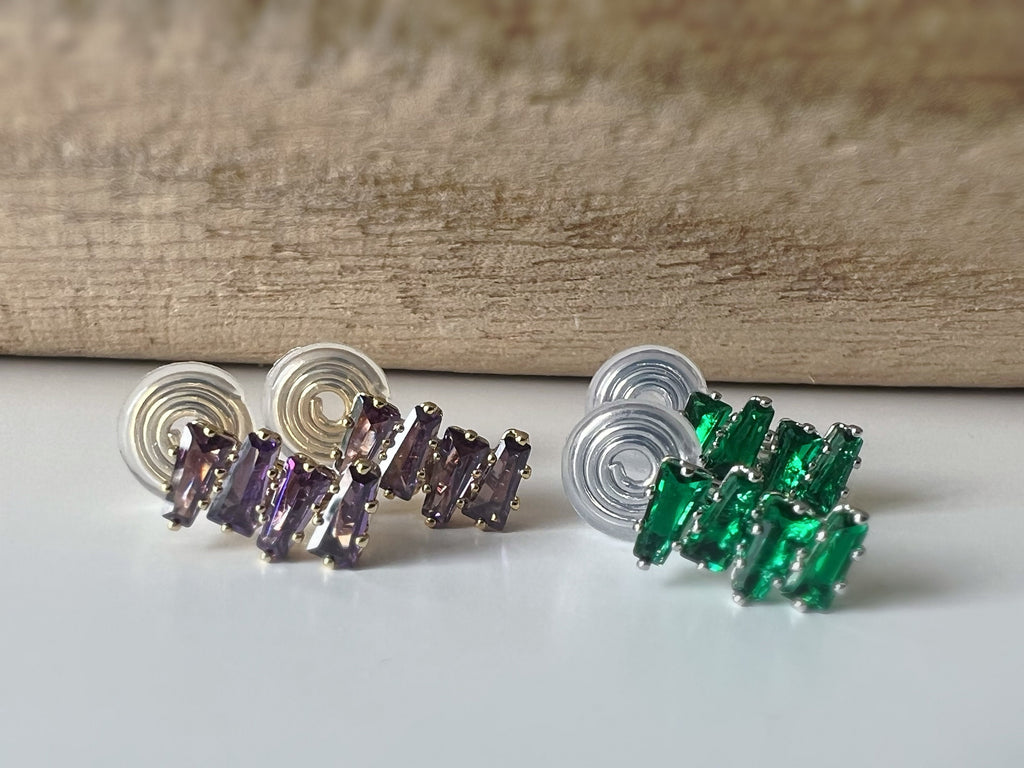 SANS DOULEUR ! Boucles d'oreilles CLIPS U spirale Rectangle Violet Or / Vert Argent. Clips confortable
