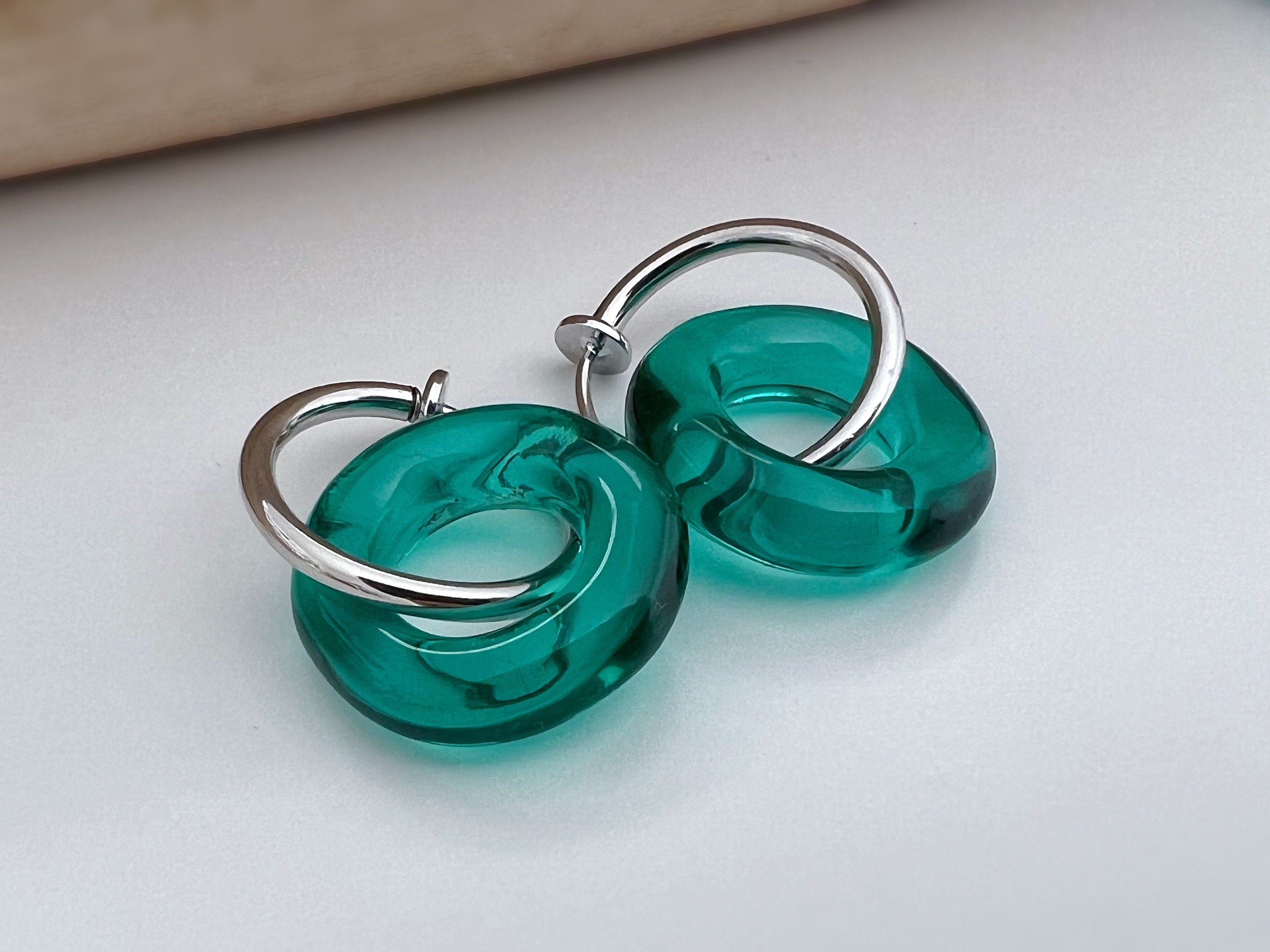 2 EN 1 Créoles Clips 20mm ARGENT Cercle Vert Olive / Vert paon / Bleu / Marron. Clips d'oreilles Anneaux argent diamètre du fil 1.5mm ou 2mm