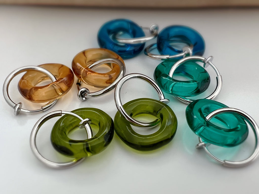 2 EN 1 Créoles Clips 20mm ARGENT Cercle Vert Olive / Vert paon / Bleu / Marron. Clips d'oreilles Anneaux argent diamètre du fil 1.5mm ou 2mm