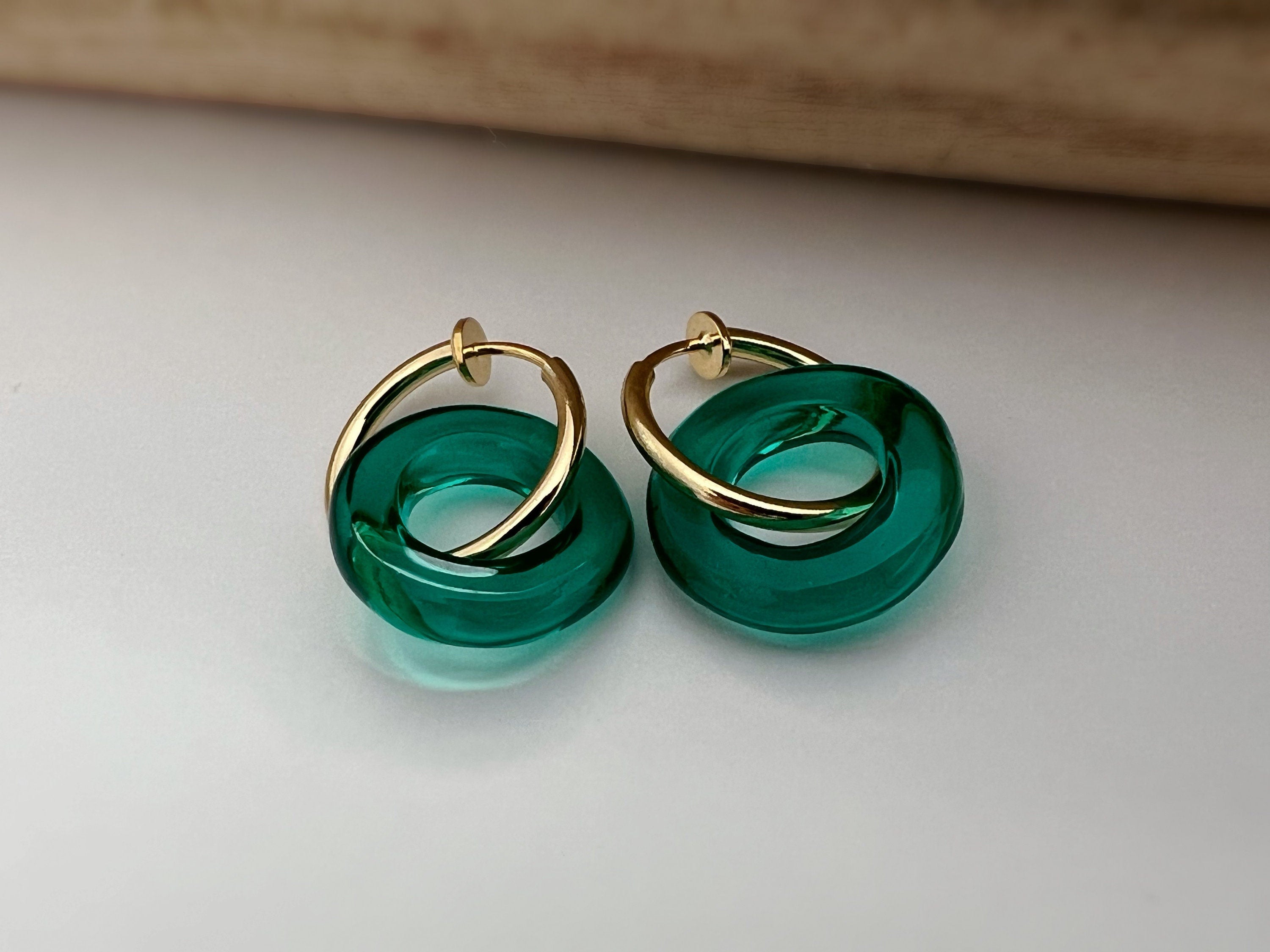 2 EN 1 Créoles Clips 20mm OR Cercle Vert Olive / Vert paon / Bleu / Marron. Clips d'oreilles Anneaux Or diamètre du fil 1.5mm ou 2mm