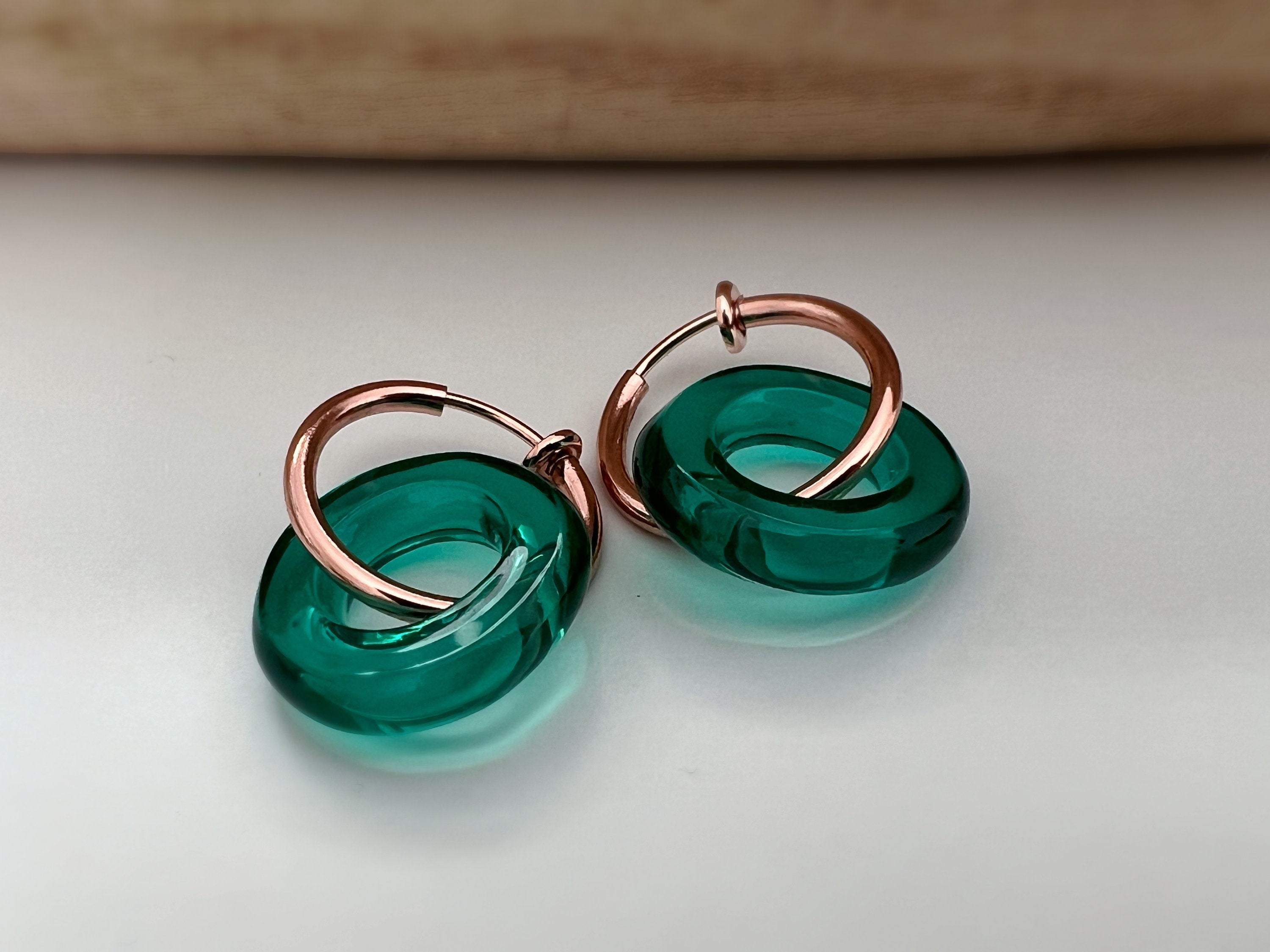 2 EN 1 Créoles Clips 20mm OR Rose Cercle Vert Olive /Vert paon /Bleu /Orange. Clips d'oreilles Anneaux or rose diamètre du fil 1.5mm