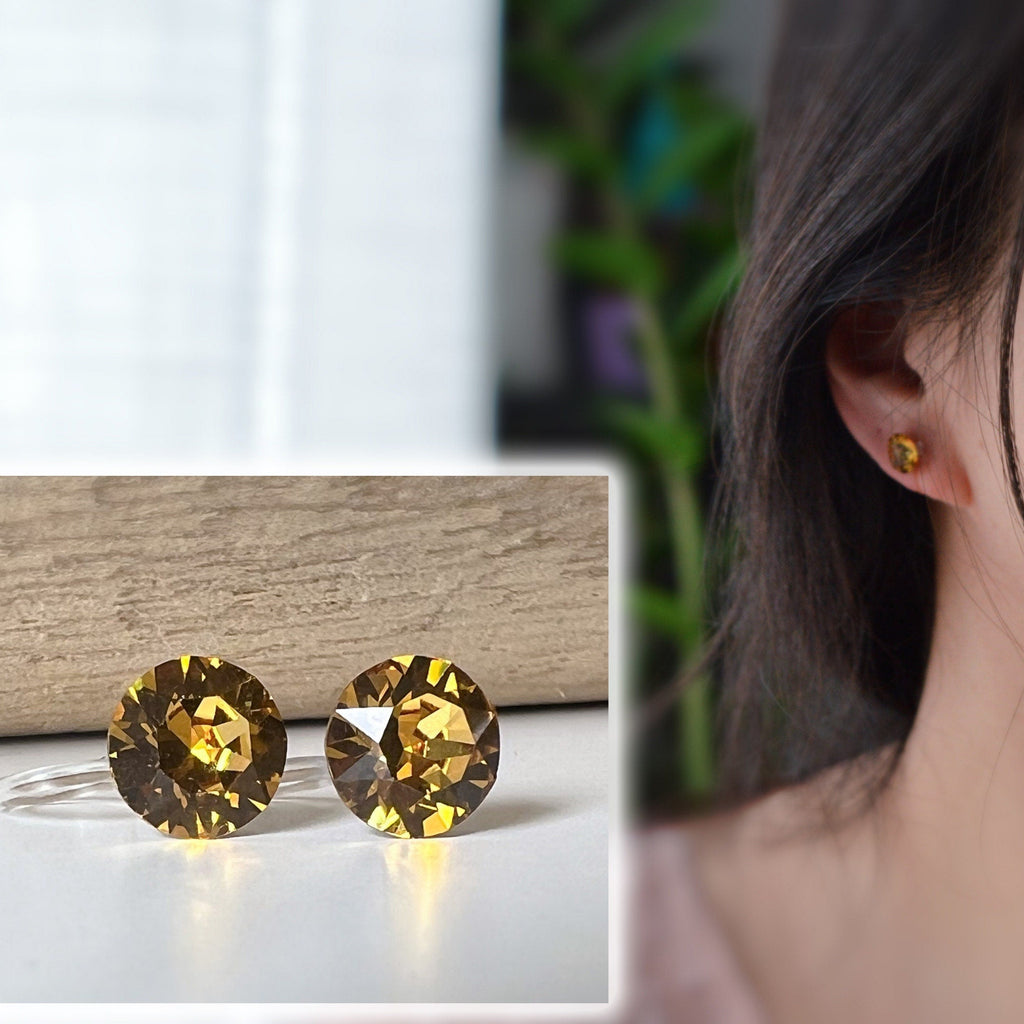 Boucles d'oreilles Clips invisible GOLDEN TOPAZ Cristaux PureCrystal Clips d'Oreille Petit Rond Jaune Or, Bijoux Minimaliste